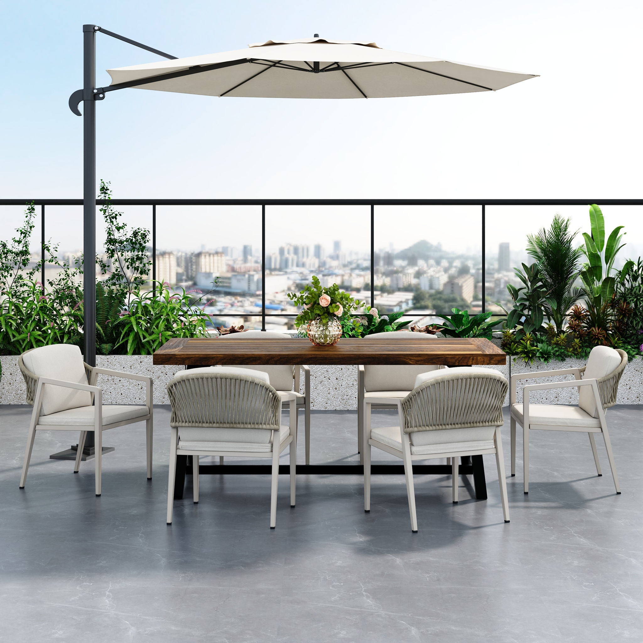 7 Pieces Modern Outdoor Dining Set With Acacia Wood Table And Chairs