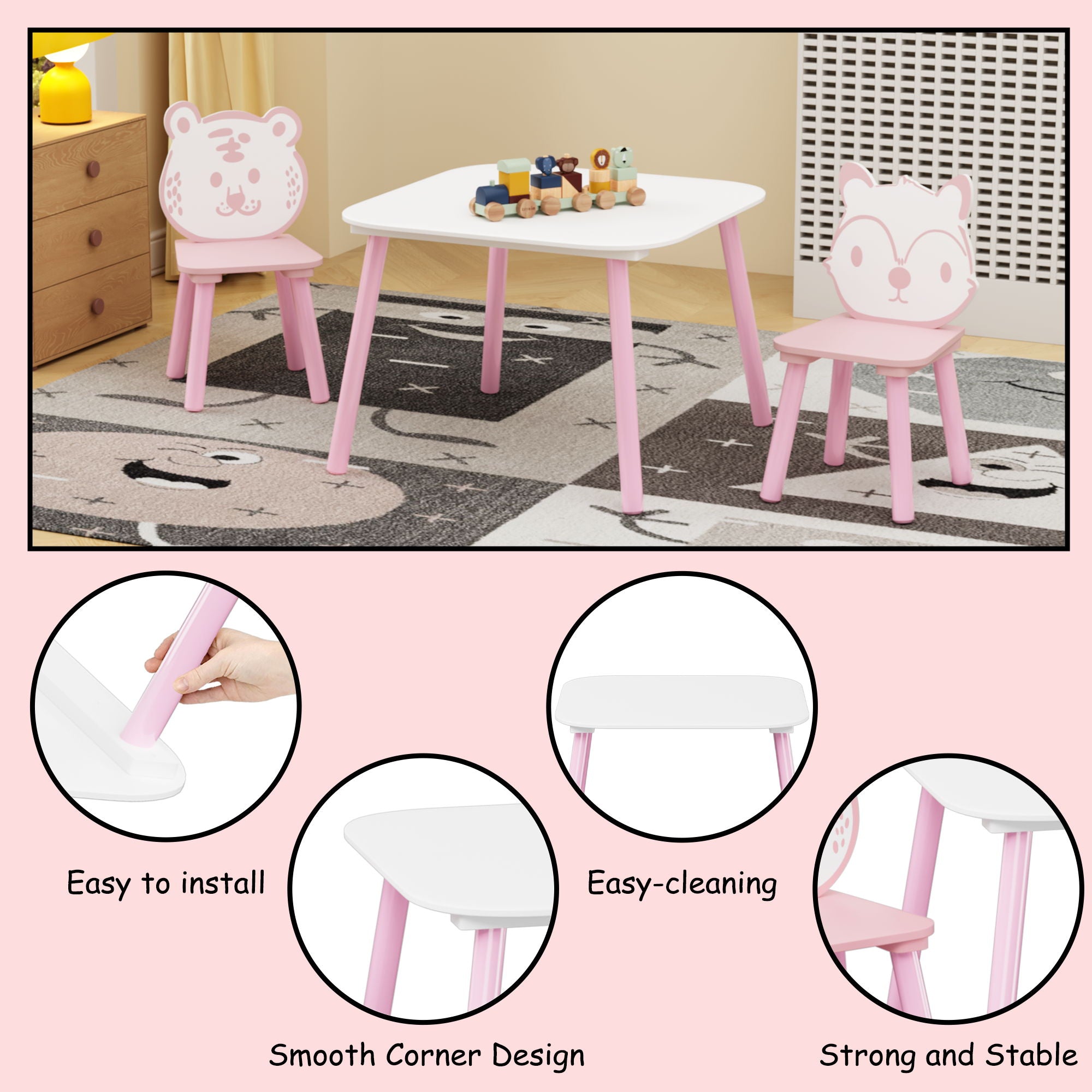 Table And Chair Set, 3 Piece Wooden Toddler Desk With Animal Backrest - Pink / White