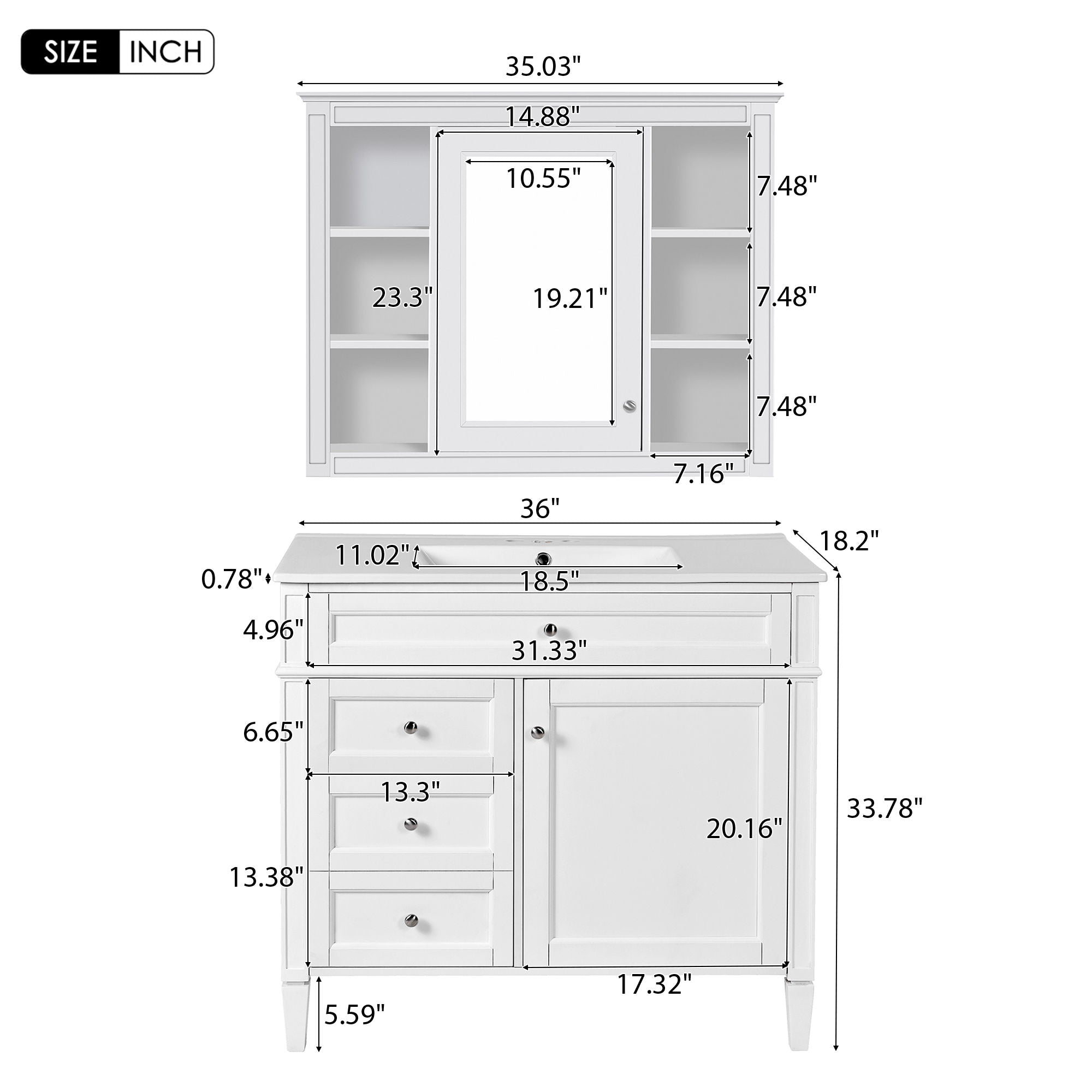 Bathroom Vanity With Mirror Cabinet, Single Sink With 2 Soft Closing Doors And 4 Drawers