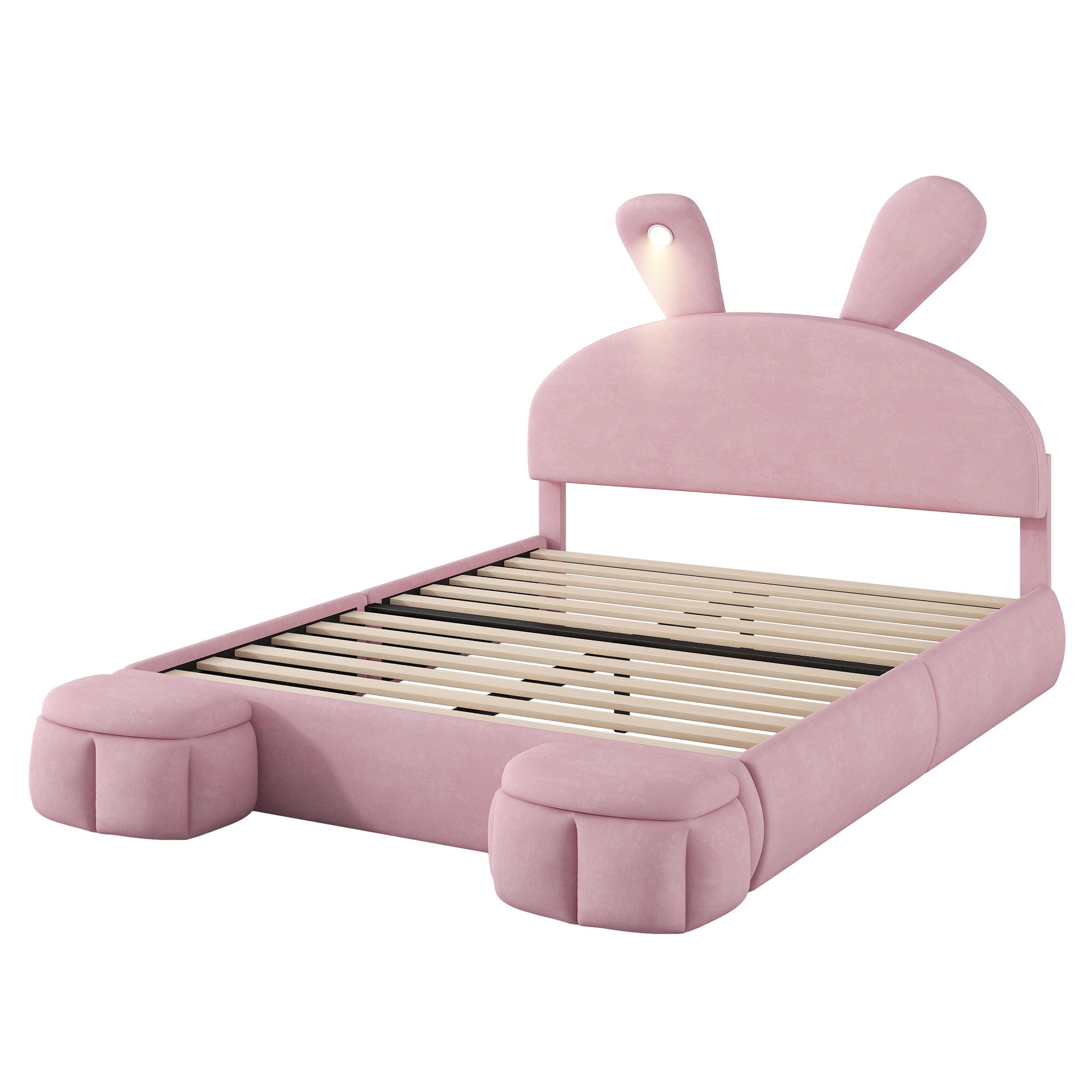 Upholstered Platform Bed With Cartoon Ears Shaped Headboard And LED Light