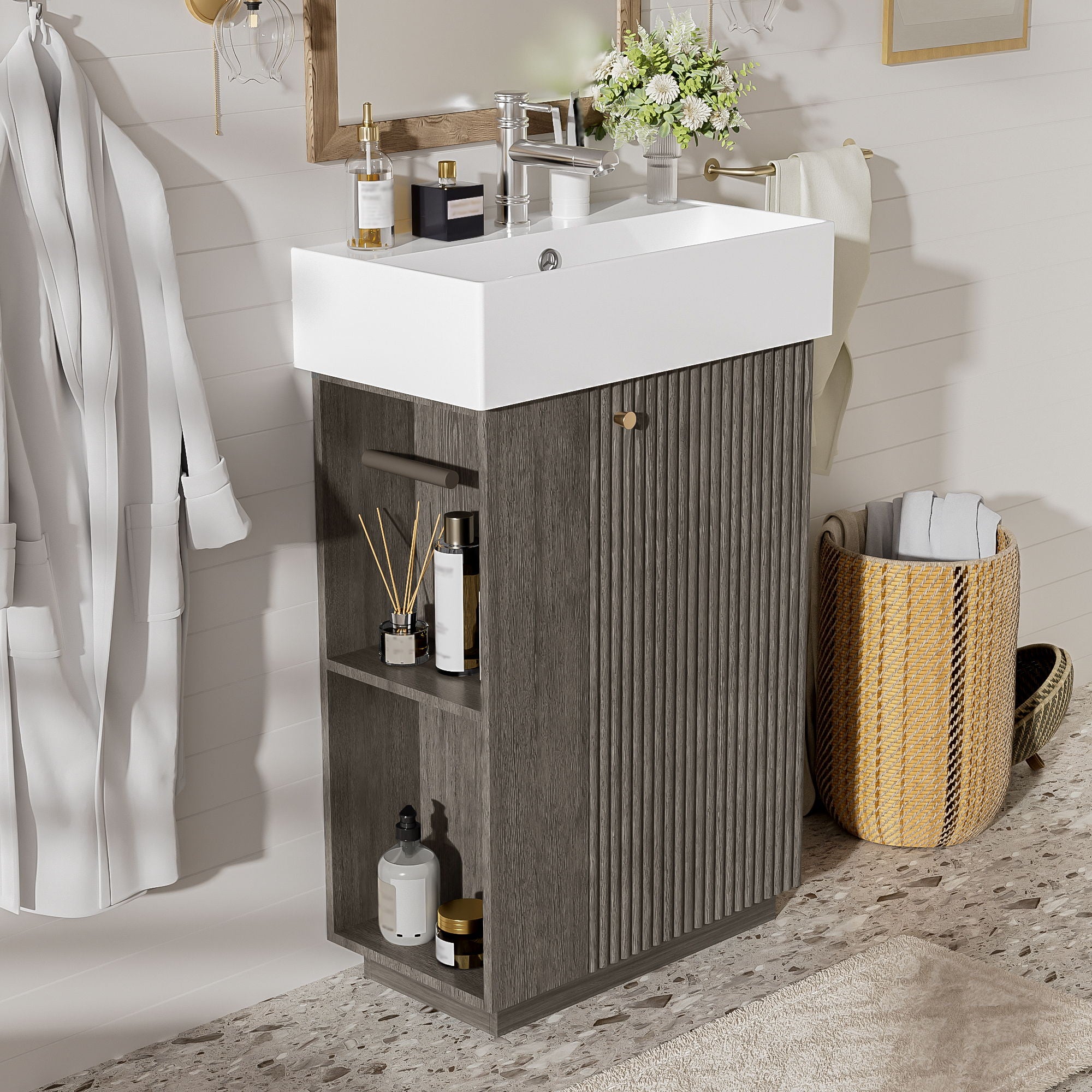 Bathroom Vanity With Sink, Freestanding Wood Grain Cabinet With Storage