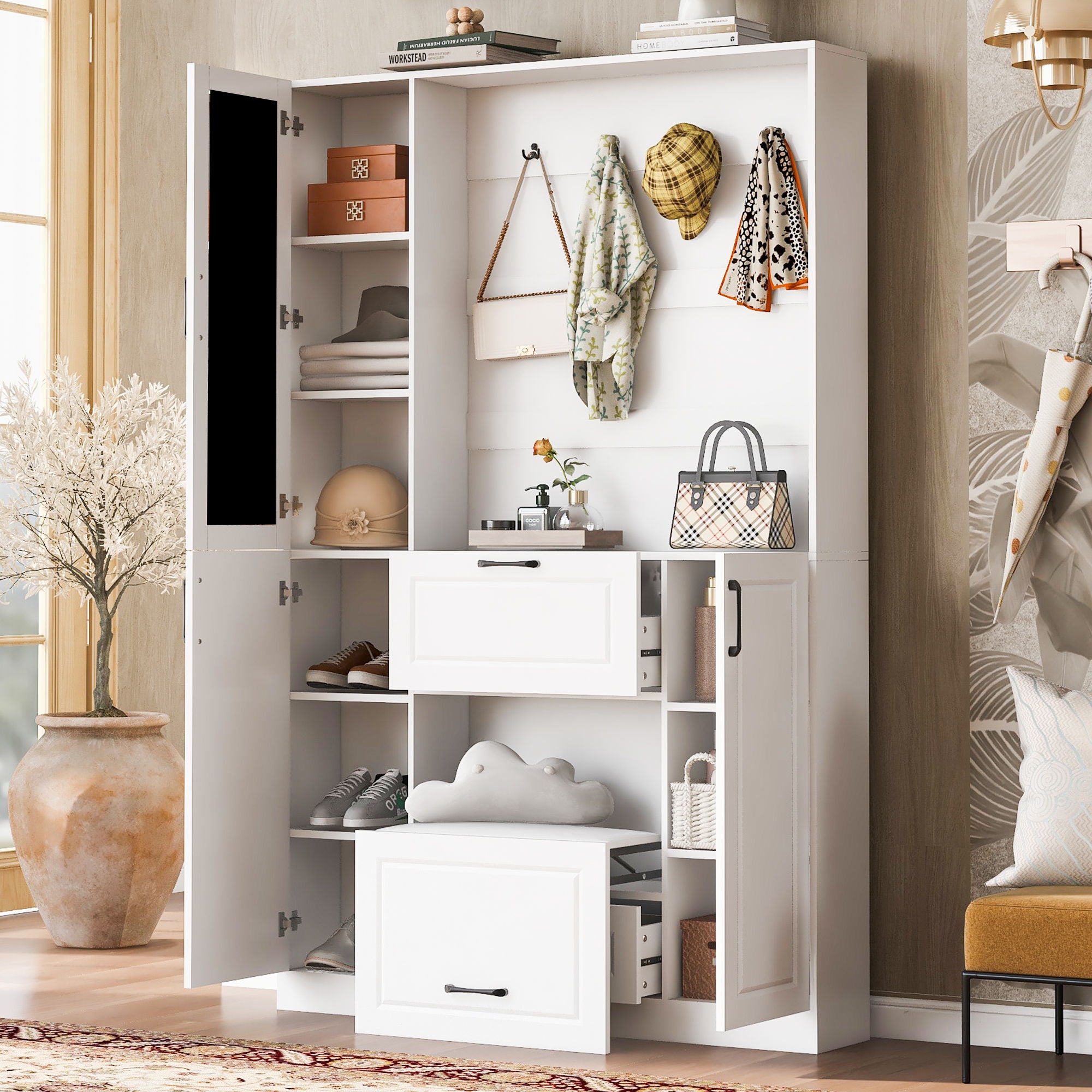 Entryway Bench With Integrated Shoe Cabinet, 3 In 1 Design And Mirrored Cabinet Door, Hall Tree With 4 Sturdy Hooks And Foldable Seat For Entrance, Living Room - White
