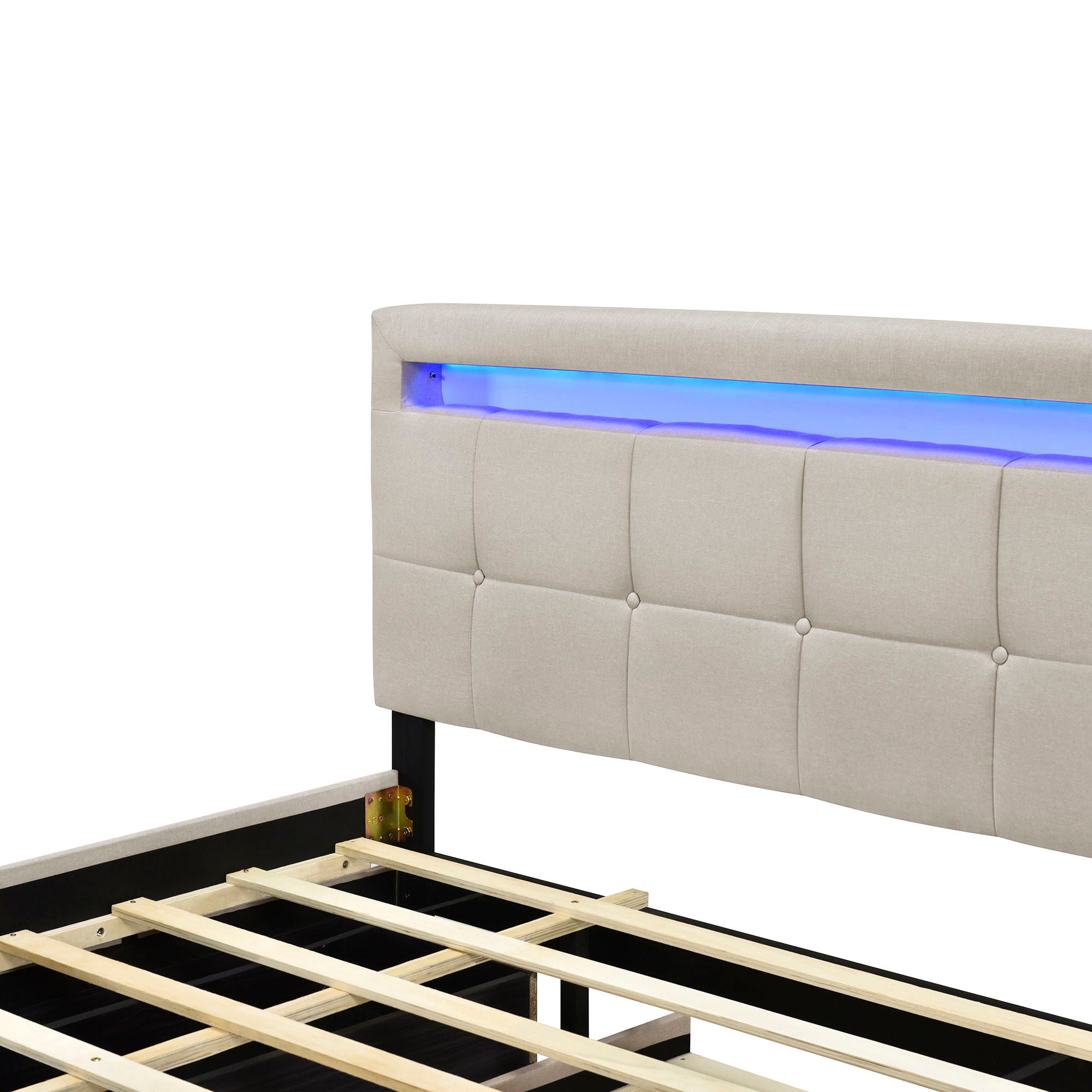 Upholstered Platform Bed With LED Frame, With Trundle And 2 Drawers