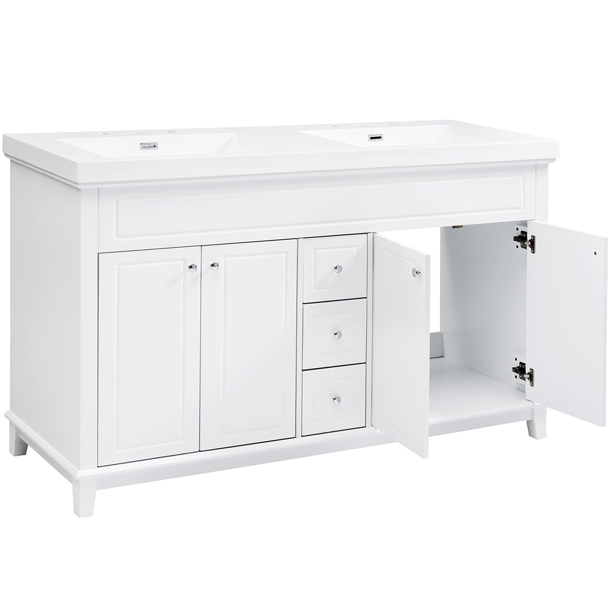 Bathroom Vanity With Double Sinks, 3 Drawers & 4 Doors, Soft Close, All Open Back Design - White