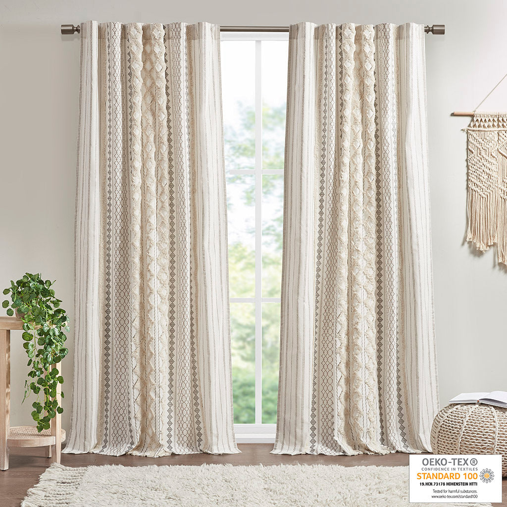 Cotton Printed Curtain Panel with Chenille Stripe and Lining Ivory 50x84