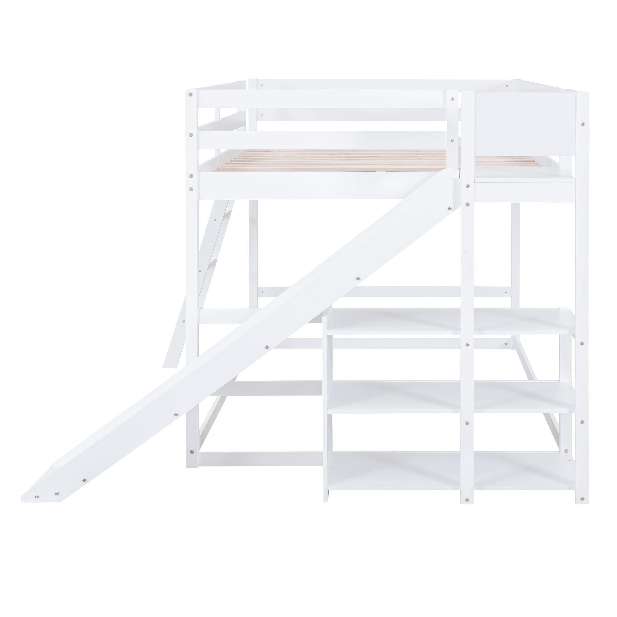 Bunk Bed With Ladder, Slide, And Shelves Pine Wood