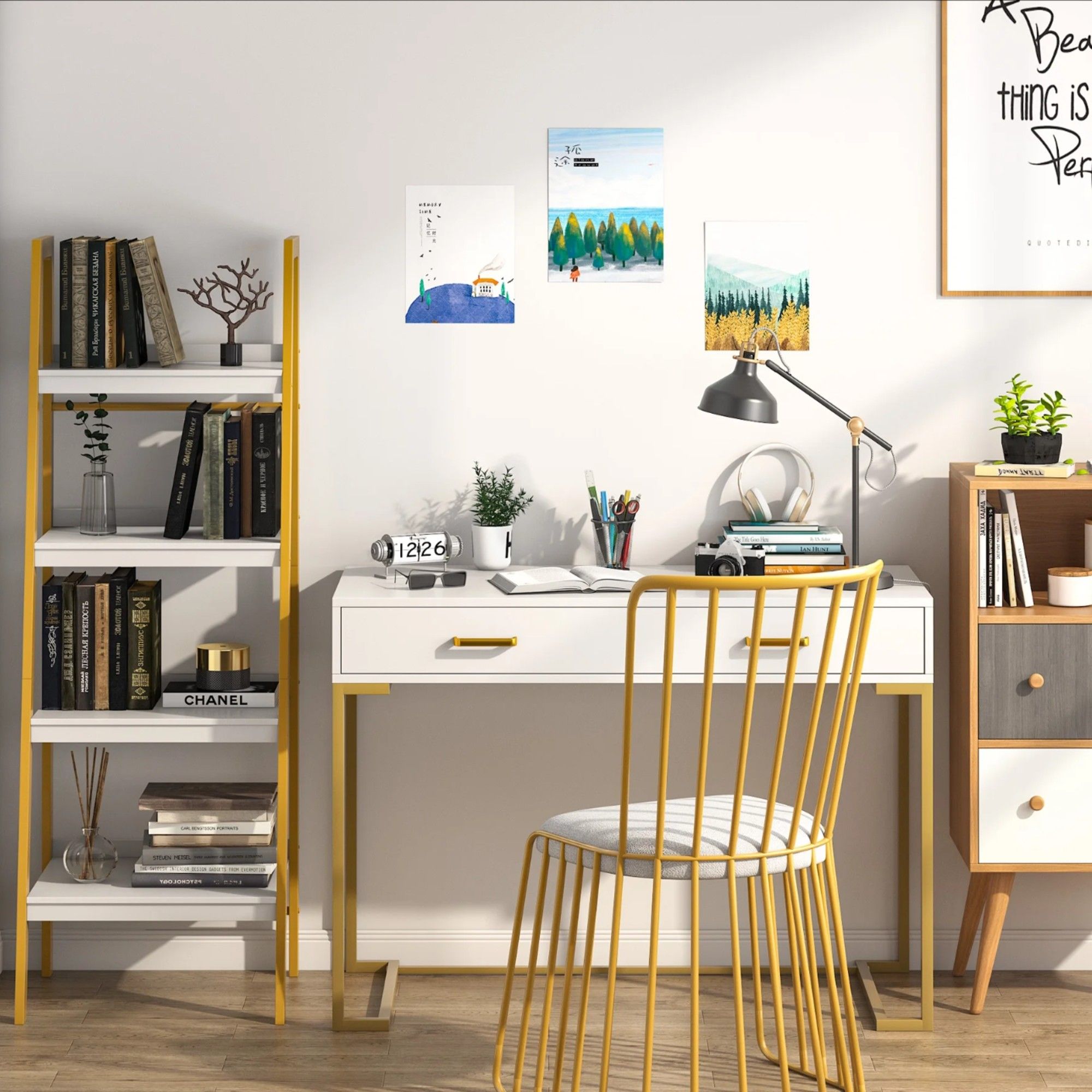 Minimalist Home Office Computer Desk With 2 Drawers, Compact Writing Table For Small Spaces - White / Gold
