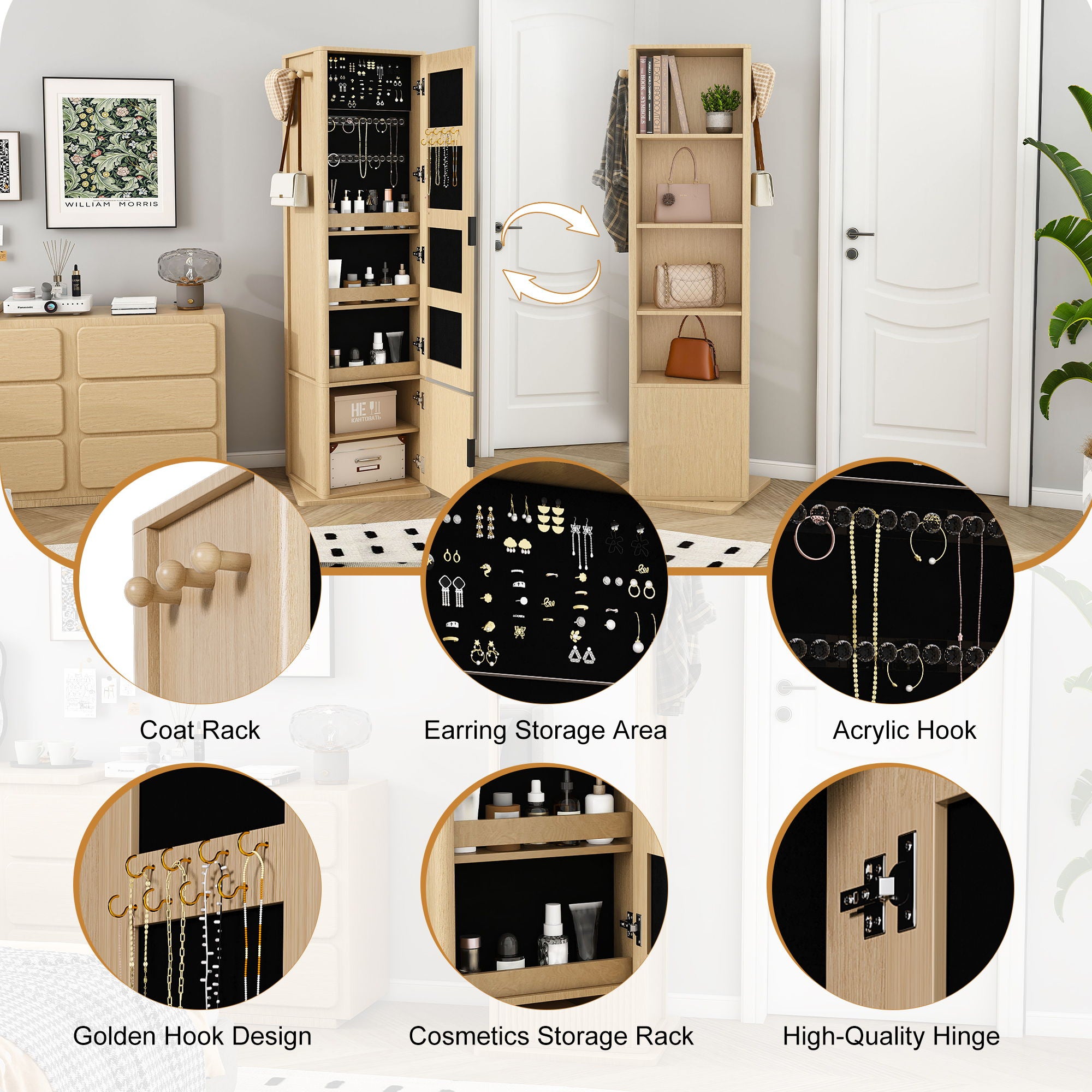 360 Degrees Rotating Makeup Cabinet With Full Length Mirror, Jewelry Storage, 4 Open Shelves, 2 Built In Shelves - Walnut