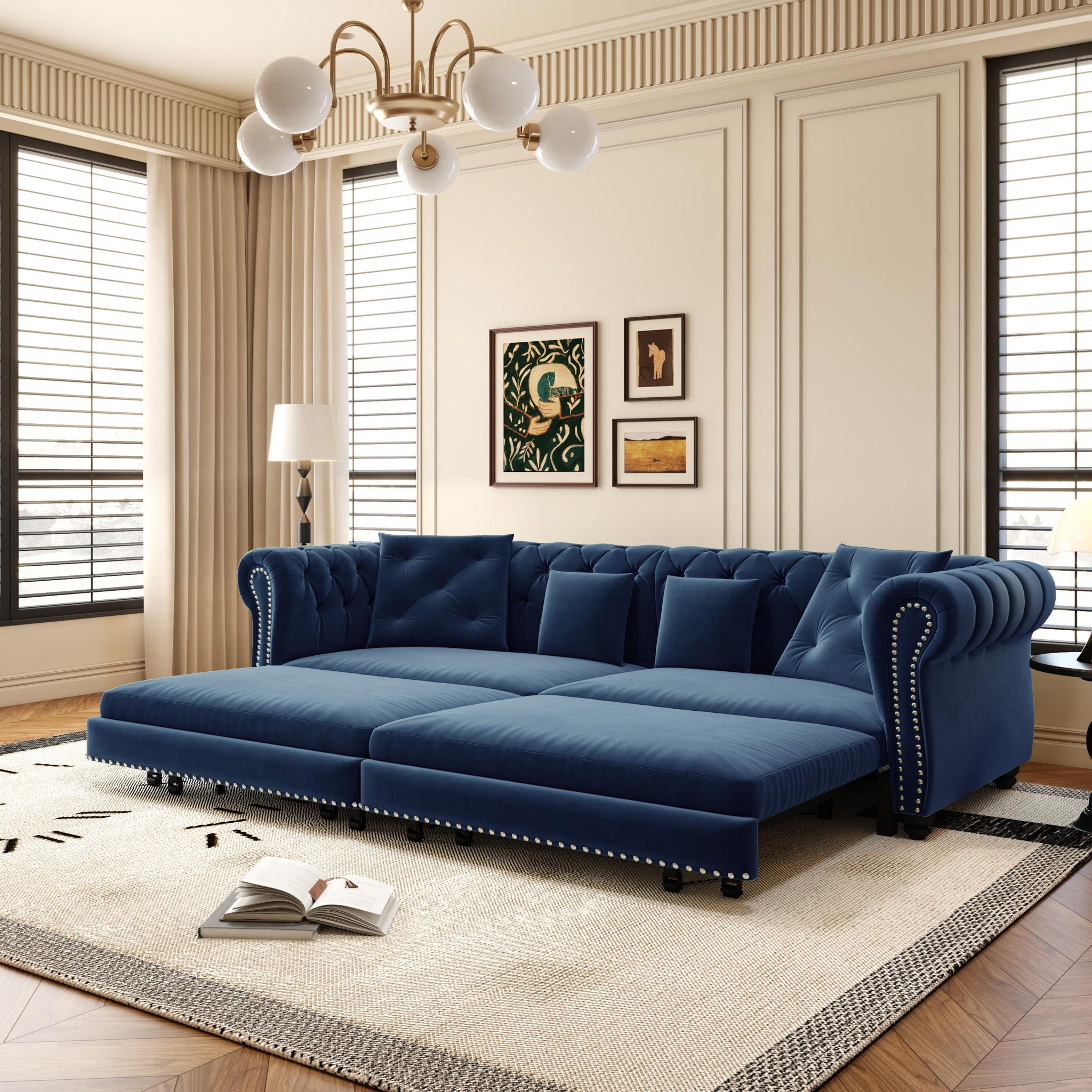 3 In 1 Pull Out Sofa Bed, Convertible Sleeper Sofa Bed, 3 Seater Sofa With Movable Ottoman - Blue