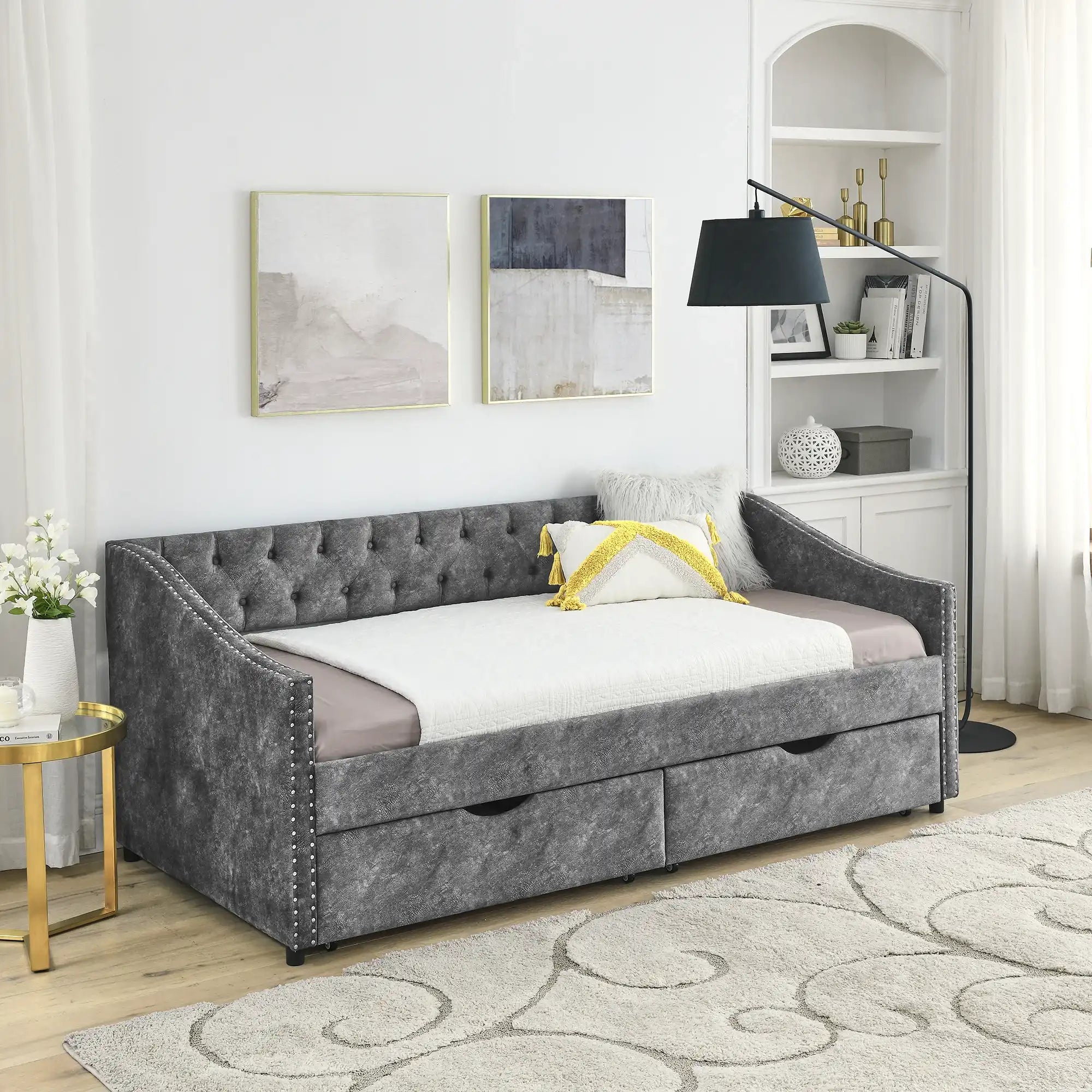 Jessamy Twin Size Daybed with Drawers Upholstered Tufted Sofa Bed