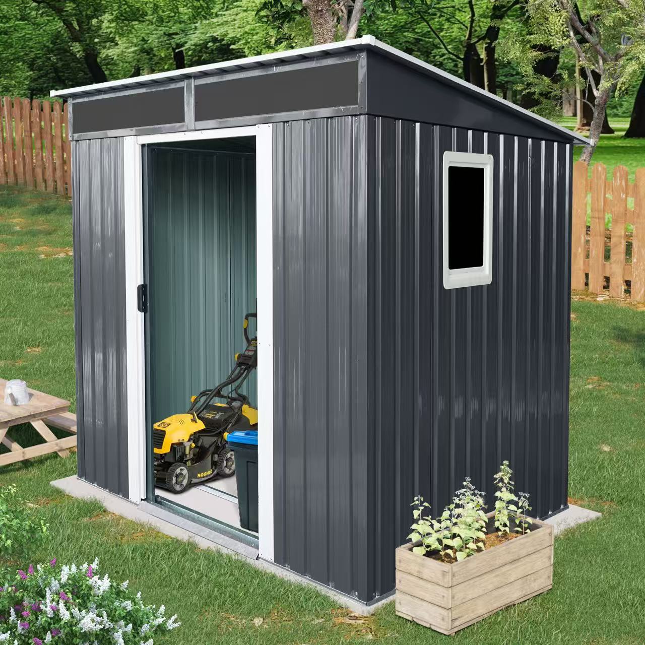 Outdoor Metal Storage Shed With Window And Transparent Plate For Garden, Lawn