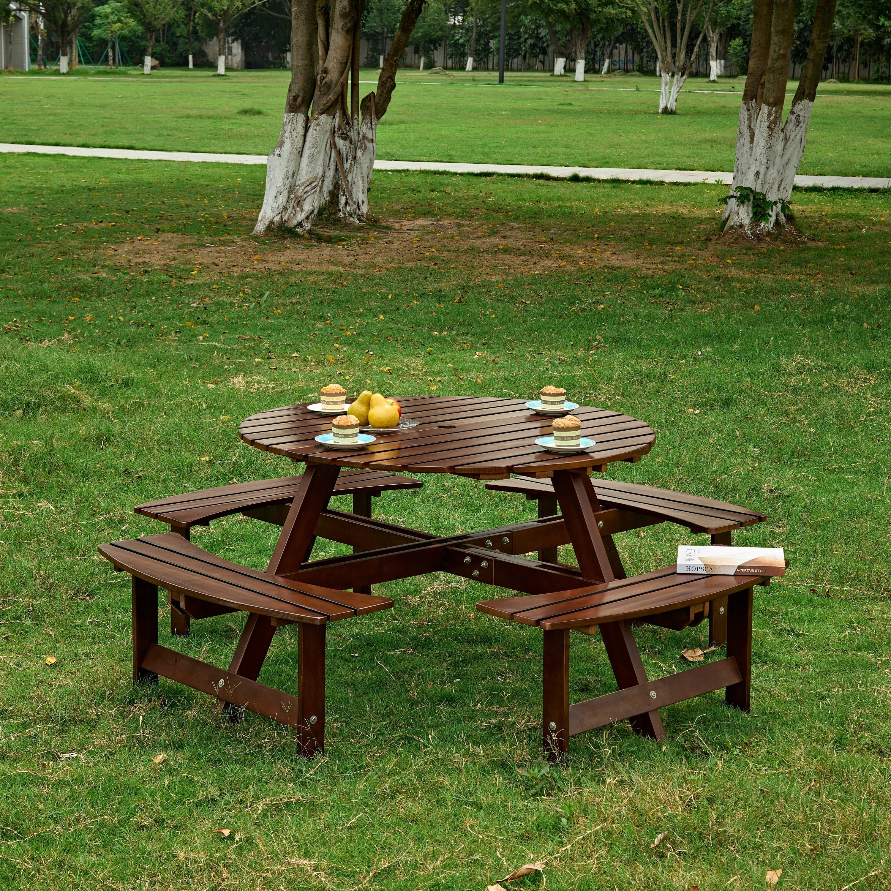 Outdoor 8 Person Round Picnic Table with Built-In Benches