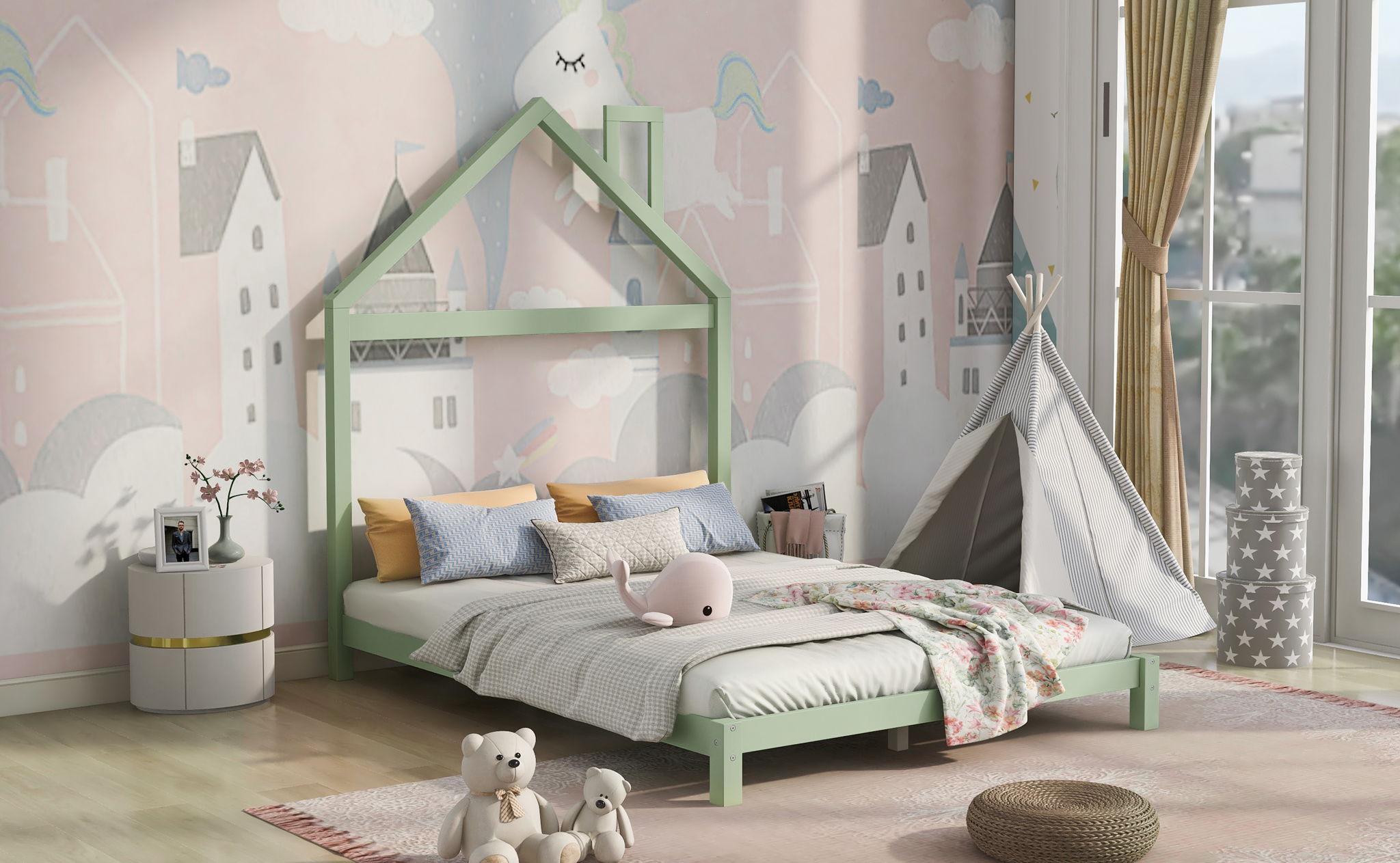 Platform Bed With House Shaped Headboard