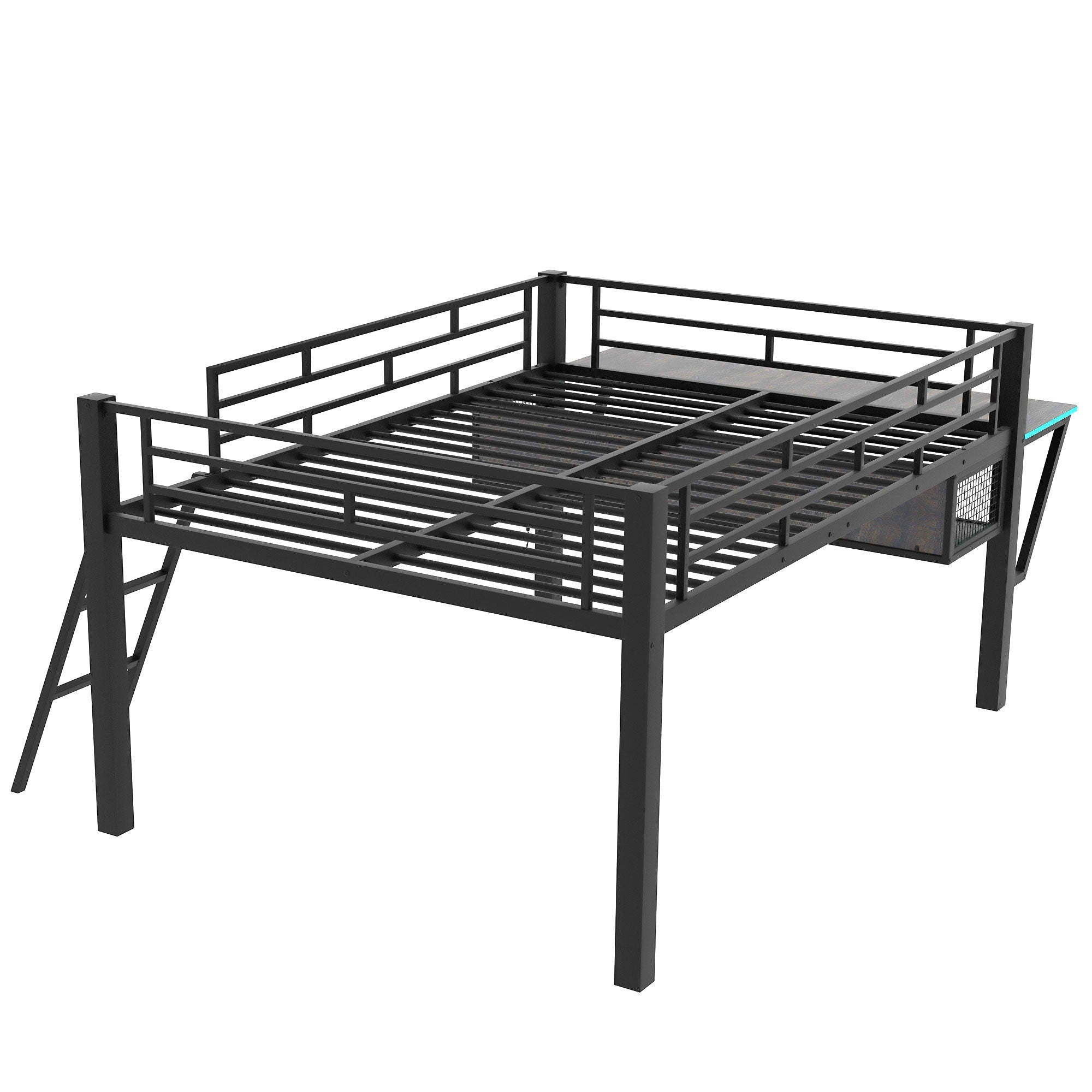 Modern Gaming Mid Loft Bed With Desk And LED Lights