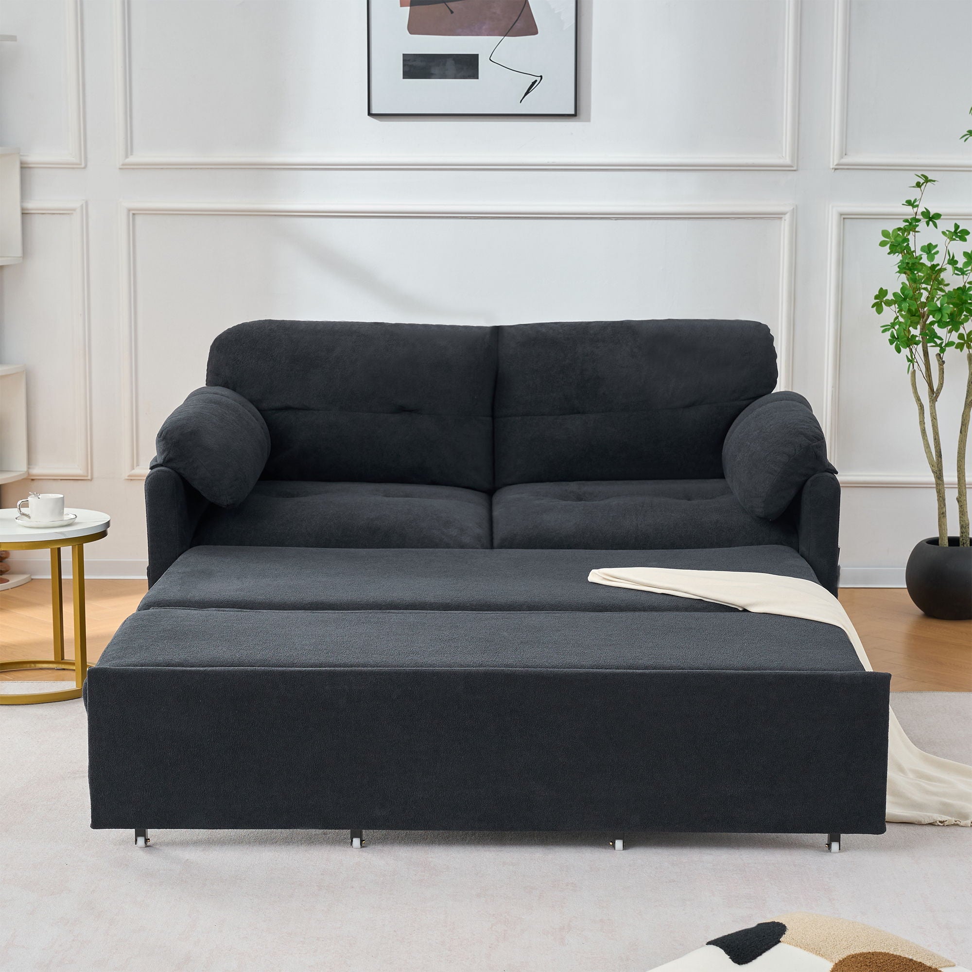 Convertible Pull Out Sofa Bed Queen Size, 3 In 1 With Side Storage