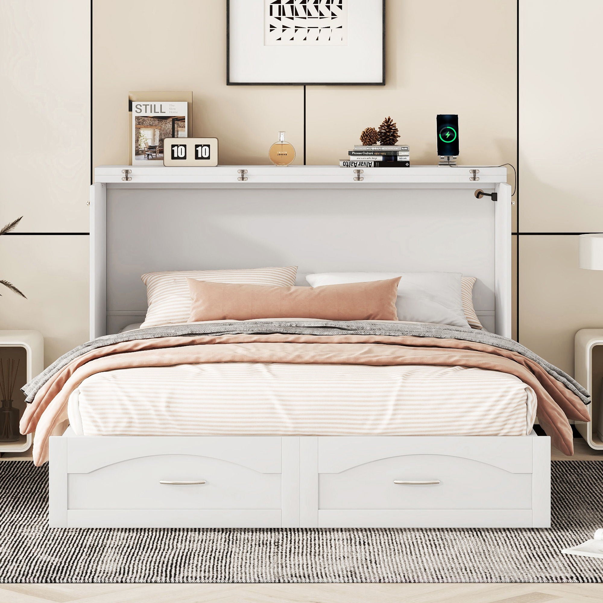 Murphy Bed With Drawer And A Set Of Sockets & USB Ports, Pulley Structure Design