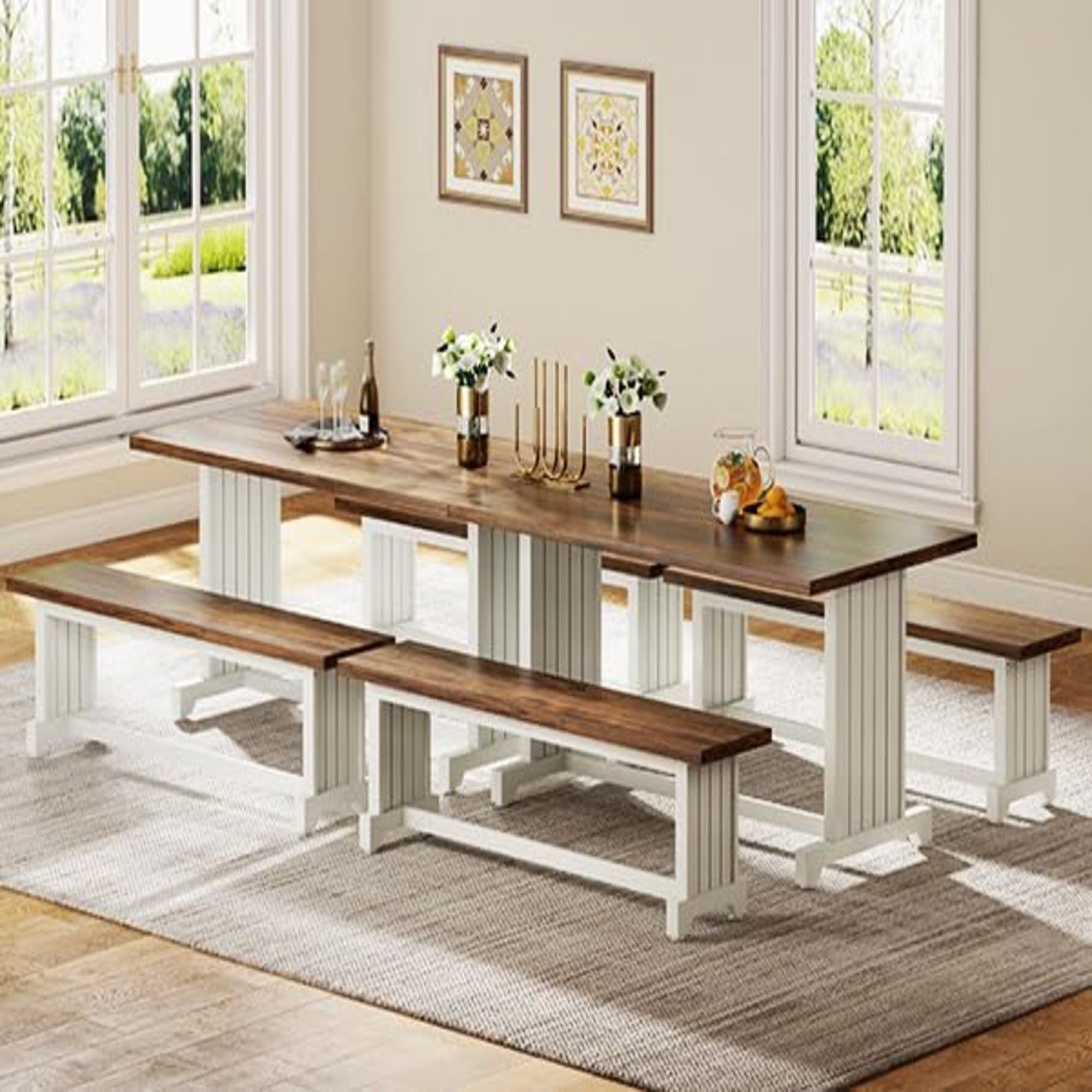 3 Piece Dining Table Set For 2 - 4, With Space Saving Benches - Brown / White
