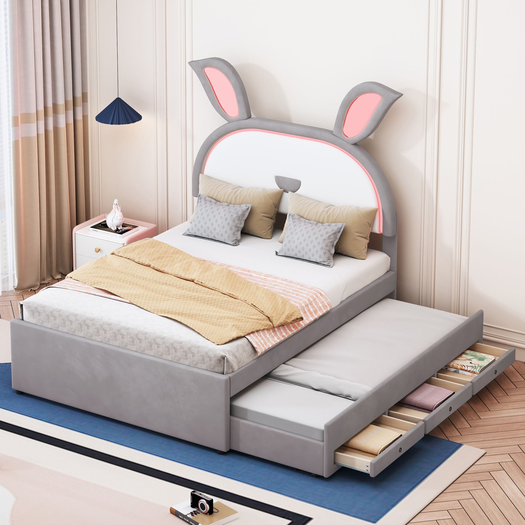 Upholstered Platform Bed With Trundle And 3 Drawers, Rabbit-Shaped Headboard With Embedded LED Lights