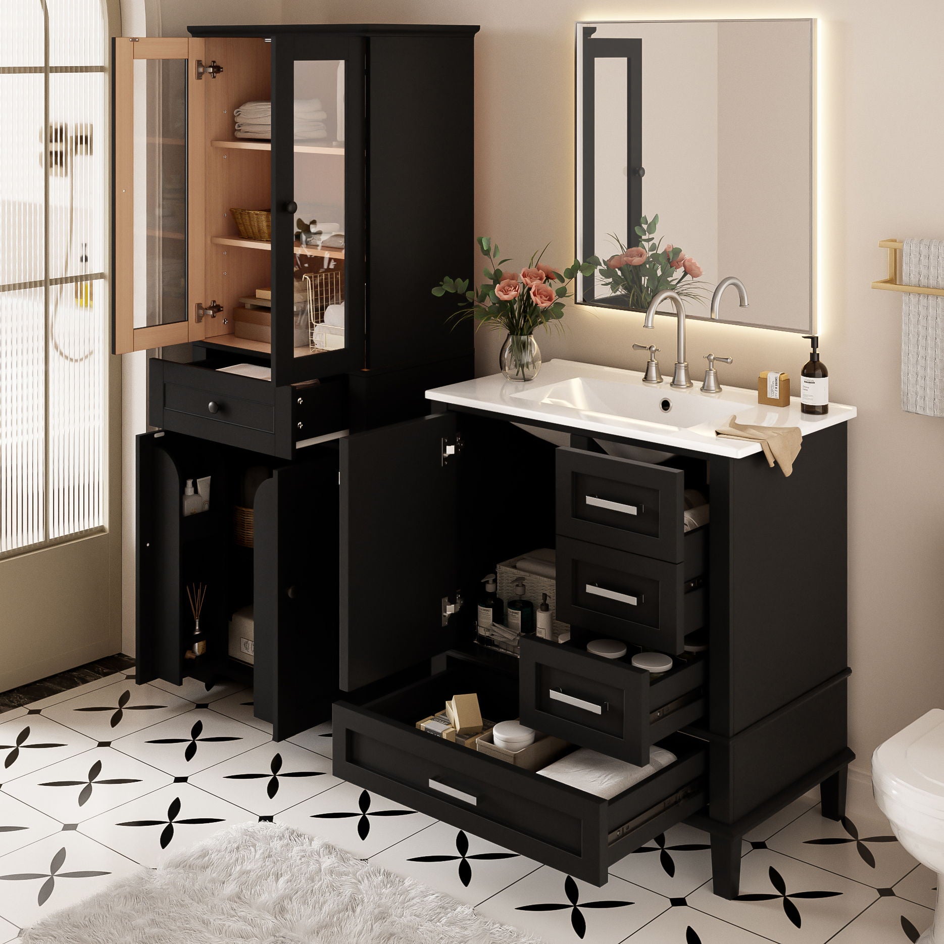 Bathroom Vanity & Tall Storage Cabinet Set With Doors, Adjustable Shelves, Soft Close Hinges, Sink