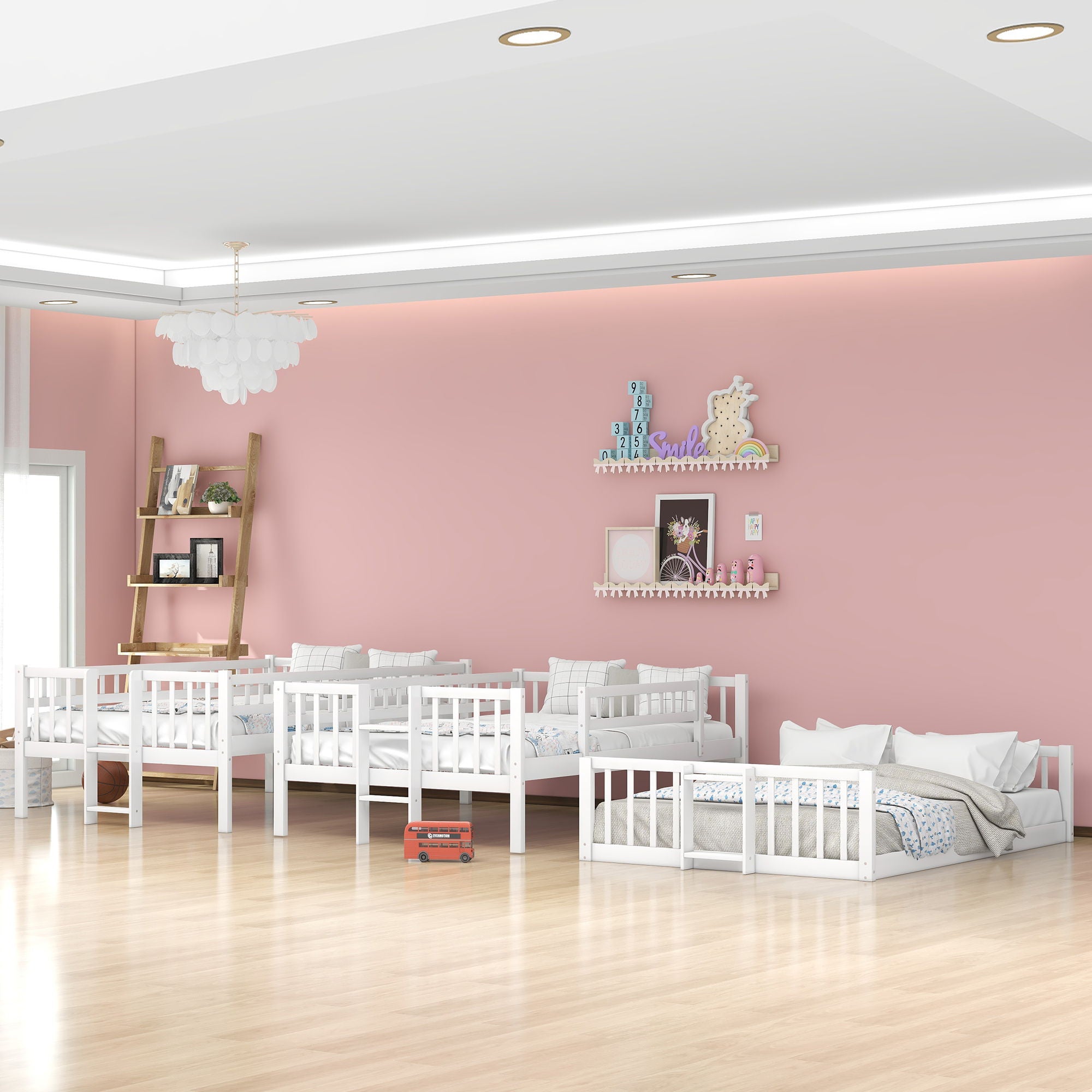 Triple Bed With Built-In Ladder And Slide, With Guardrails