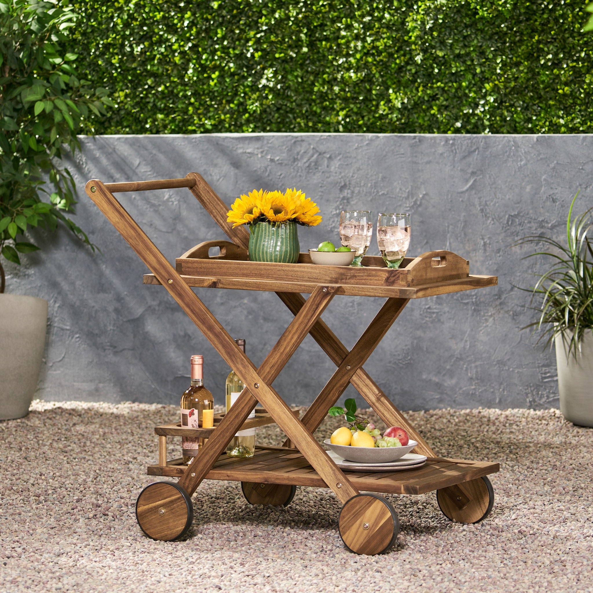 Riviera Bar Cart Stained Mobile With Wheels For Entertaining - Natural Stained