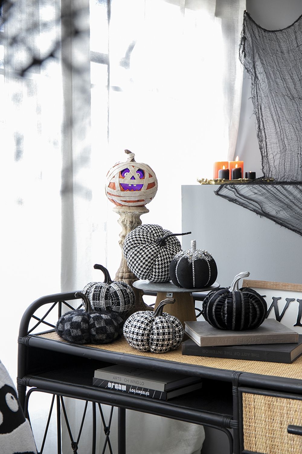 Light Plaid Pumpkin, For Holiday Halloween Decor - Black / White