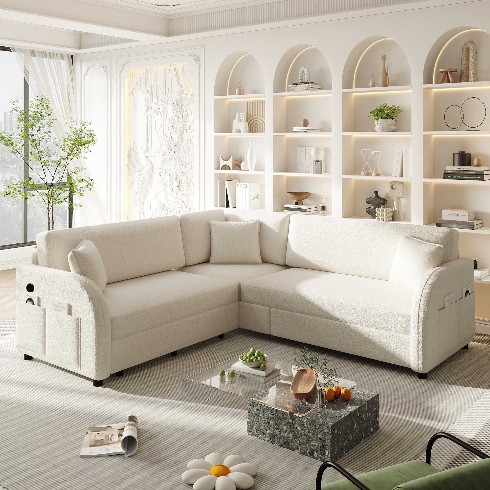 L-Shaped Couch With Pull-Out Bed, Oversize Convertible Sleeper Sofa With Side Pocket & USB Port
