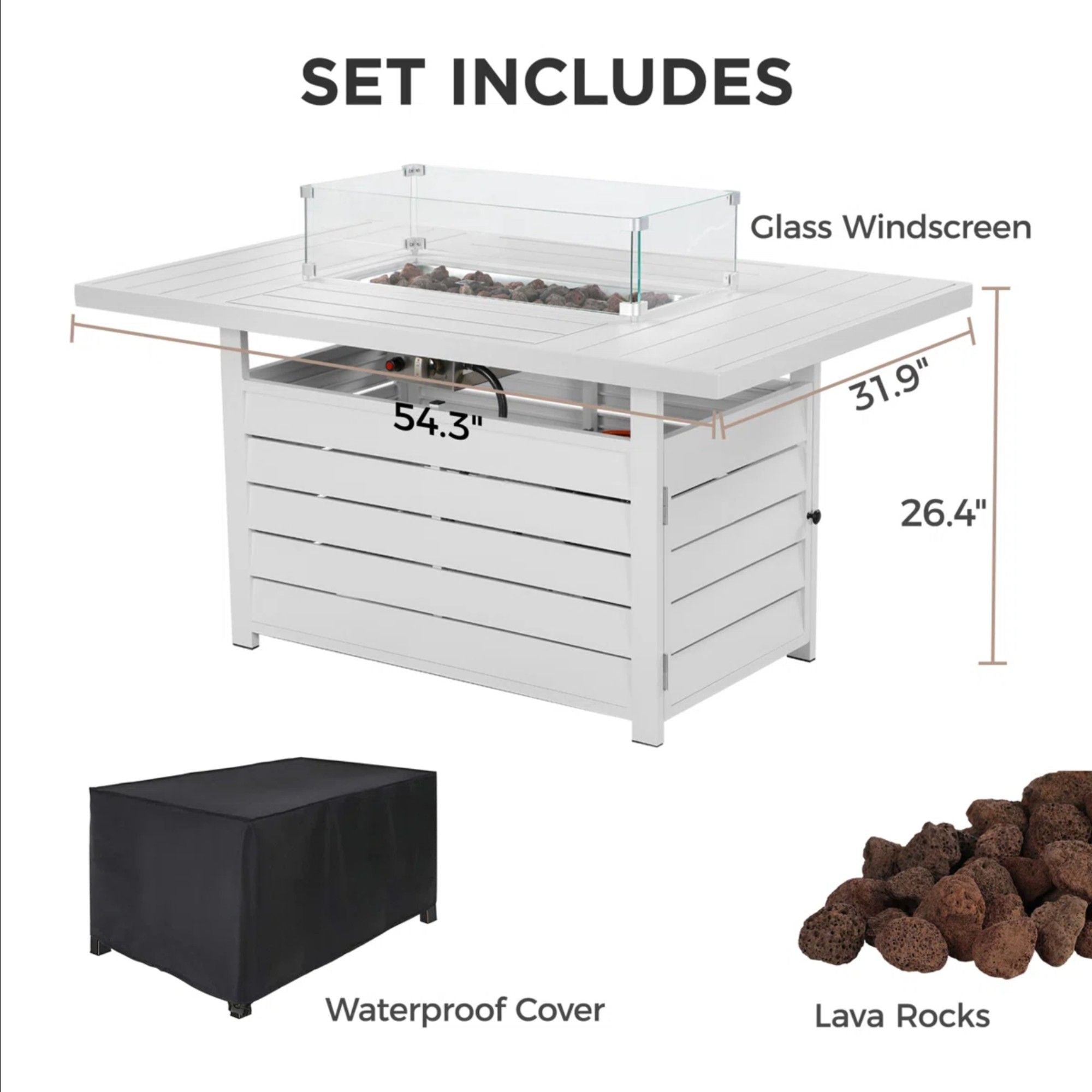 Rectangular Propane Fire Pit Table With Burner, Lava Rock, Waterproof Cover