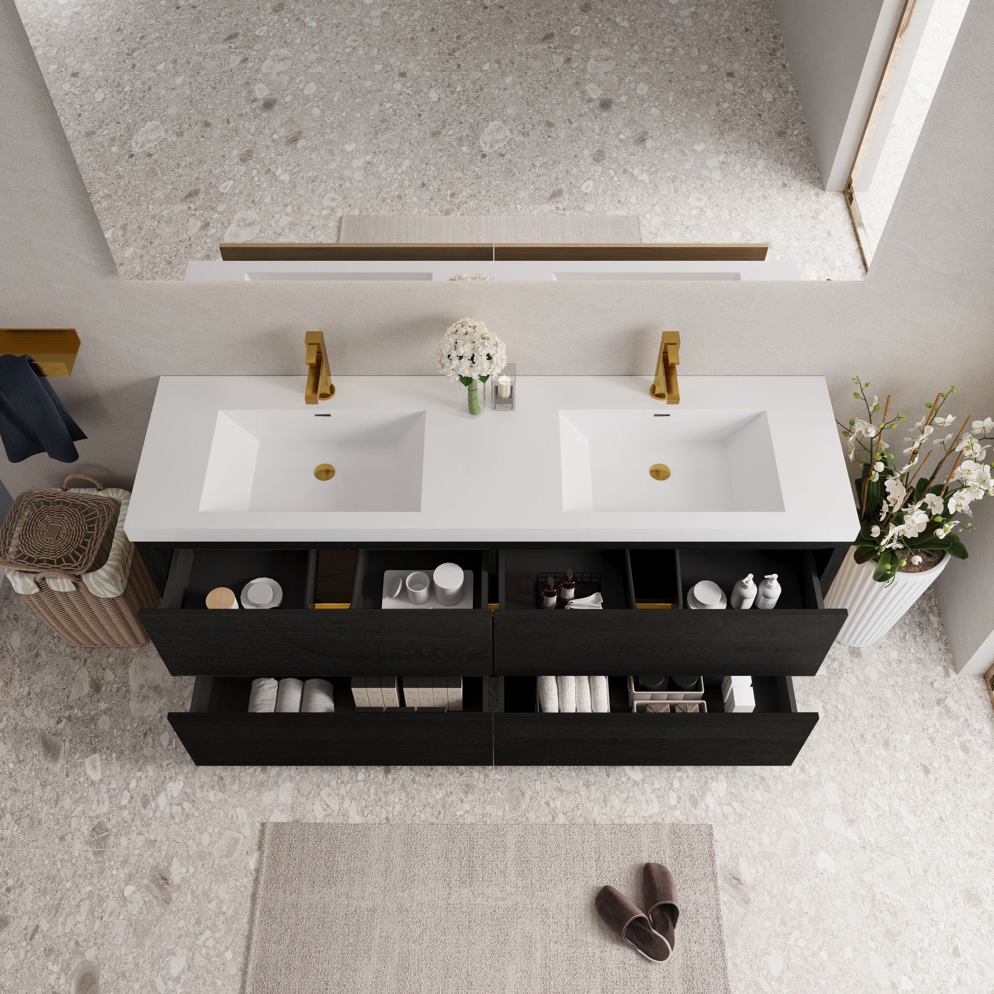 Bathin Freestanding Bathroom Vanity With Double Sinks, Bathroom Storage Vanity Cabinet With Stone Resin Countertop And Soft Close Drawers