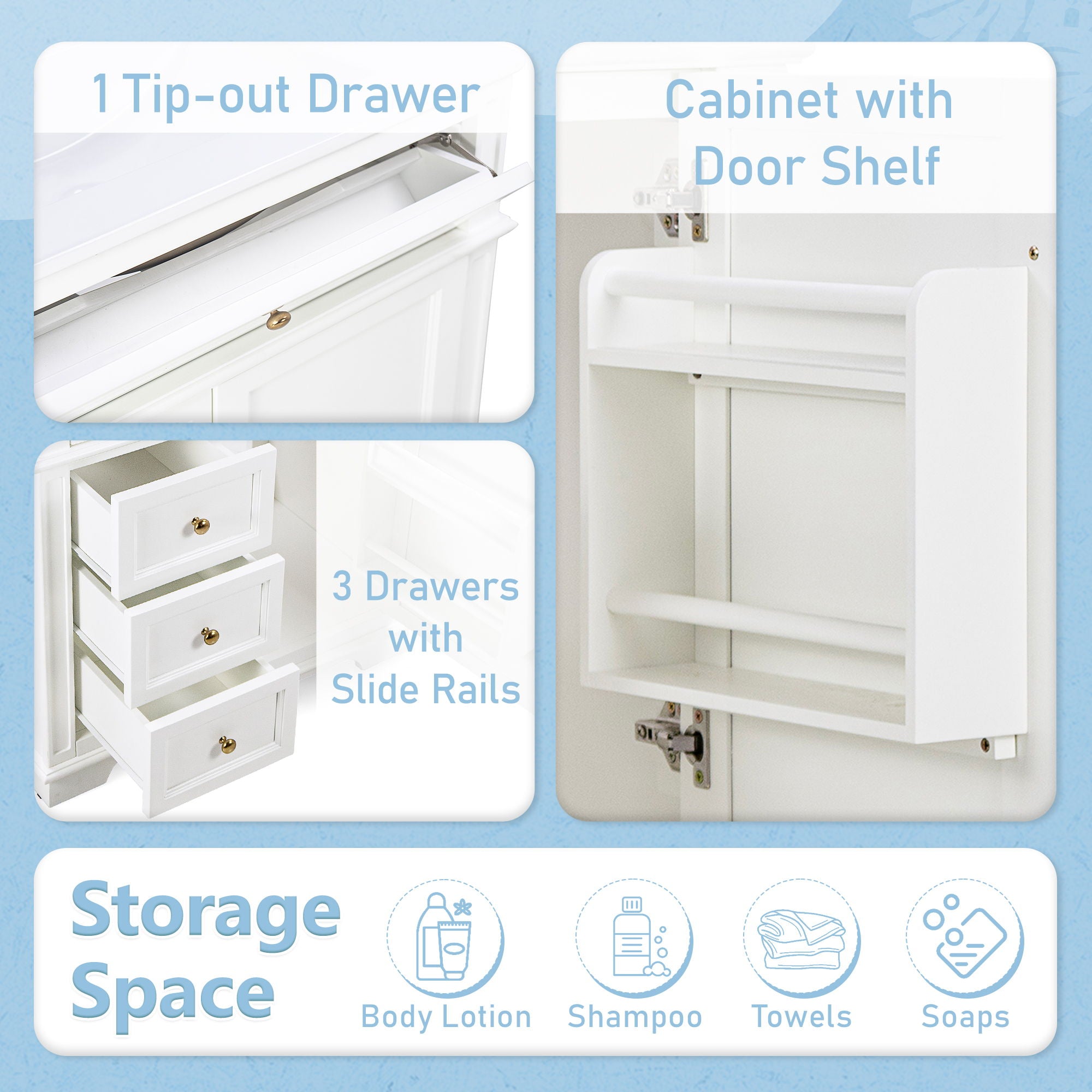 Freestanding Bathroom Vanity With Sink, Soft Closing Door, Tip Out Drawer