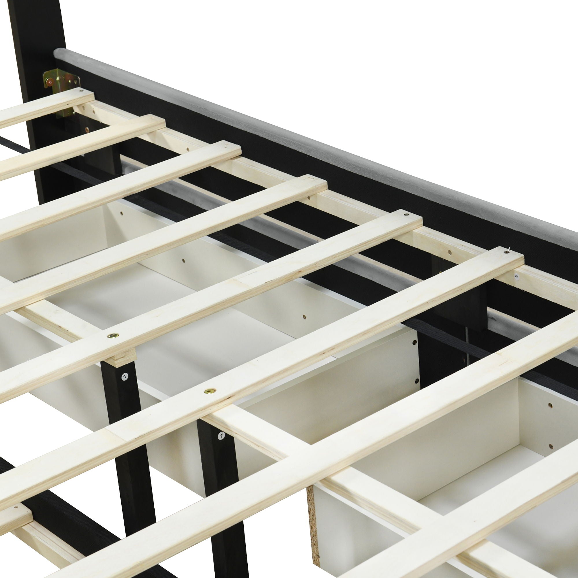 Upholstered Platform Bed With 2 Drawers And 1 Trundle, Classic Strip Headboard Design