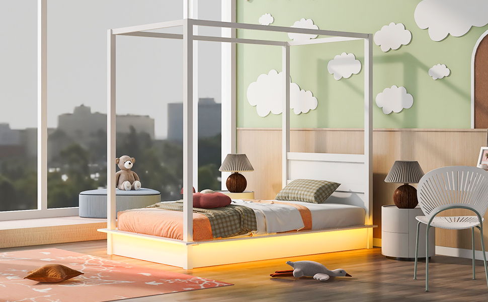 LED Canopy Bed, Canopy Platform Bed With Support Slats, No Box Spring Needed