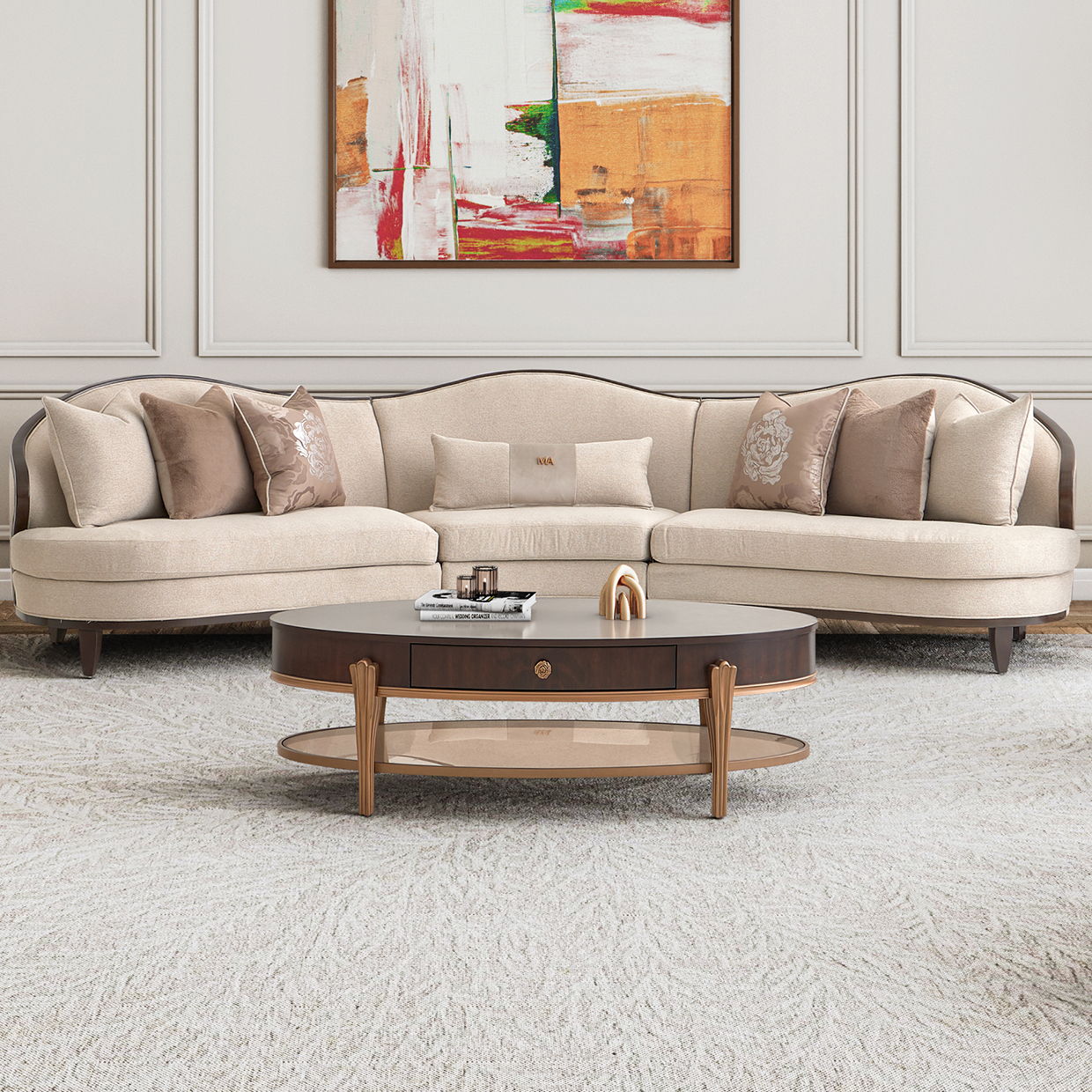 Camellia Field - 3-Piece Chenille Sofa - Beige / Dark Brown