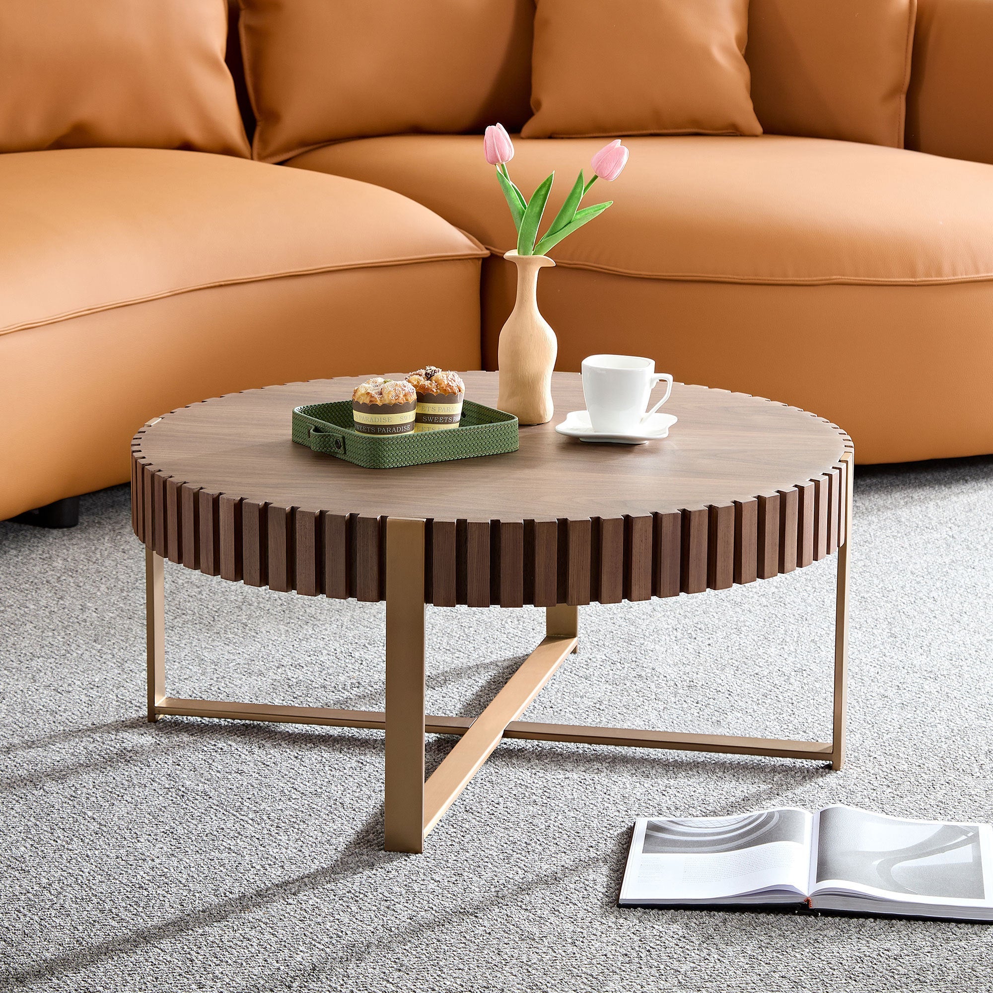 Modern handcraft drum coffee table 31.5 inch round coffee table for living room,small coffee table with sturdy pedestal,walnut