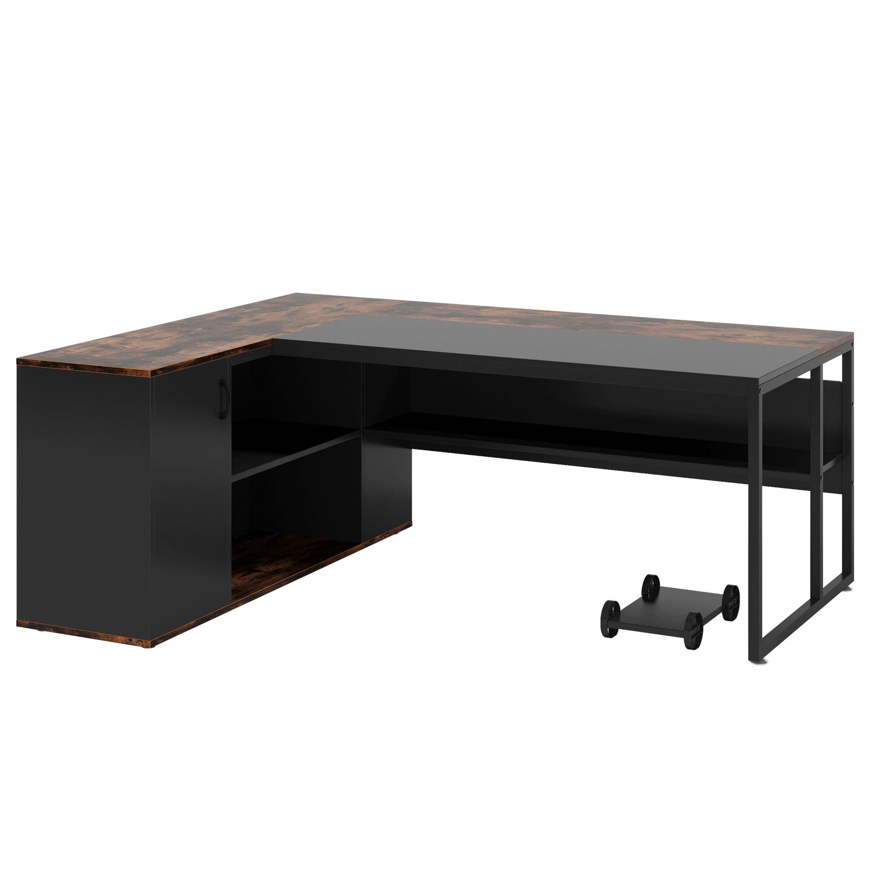 L-Shaped Executive Desk With Storage Cabinet & Shelves, Home Office Workstation With Cpu Stand And Printer Station - Brown / Black
