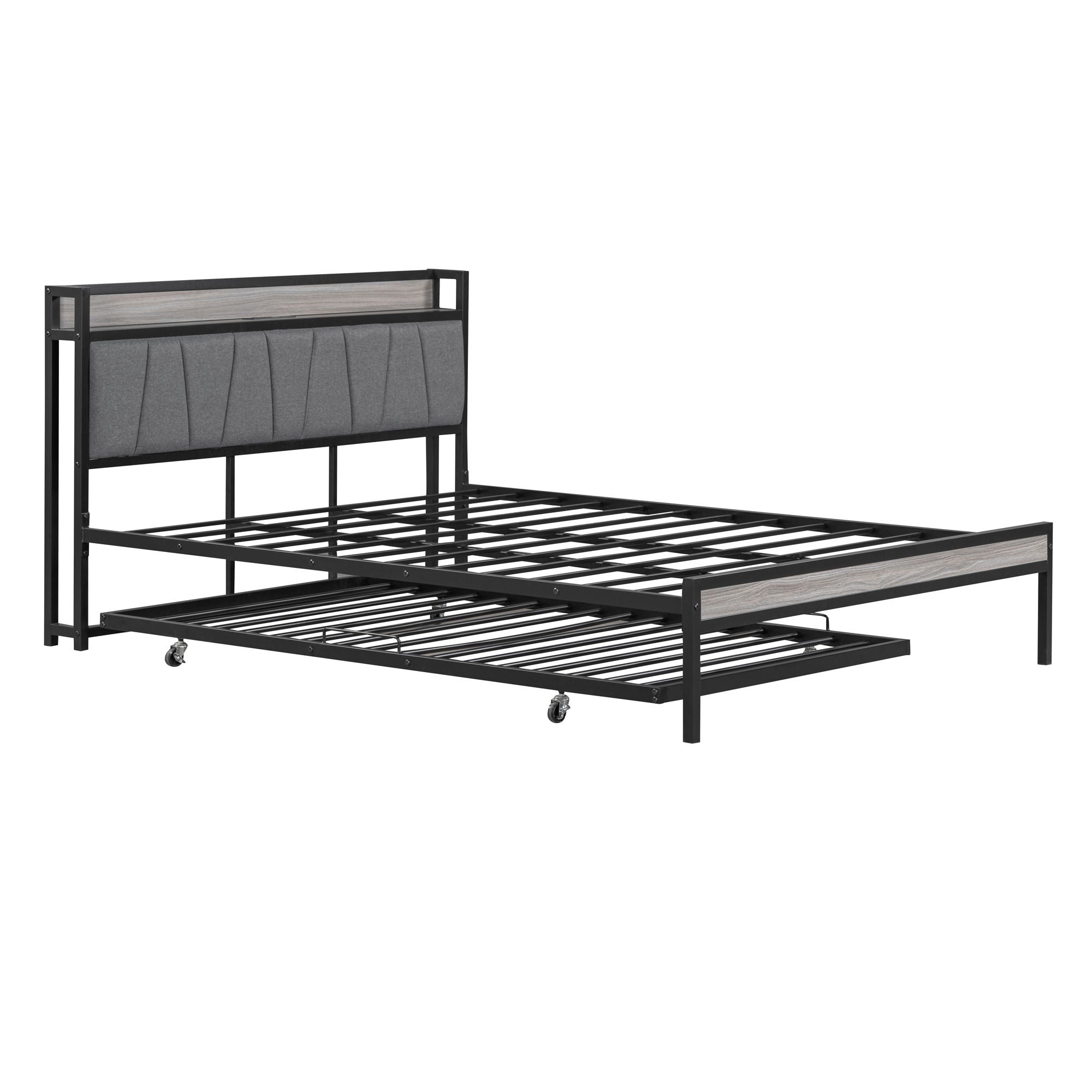 Platform Bed Frame With Trundle, USB Ports And Slat Support, No Box Spring Needed