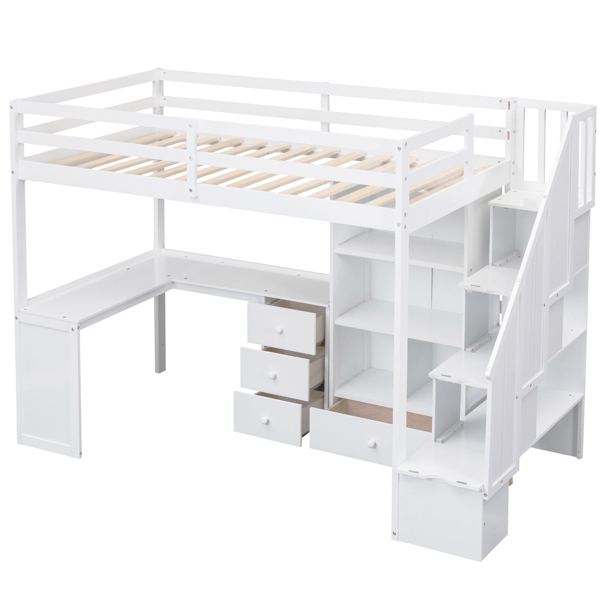 Loft Bed With L Shaped Desk, Drawers, Cabinet, And Storage Staircase