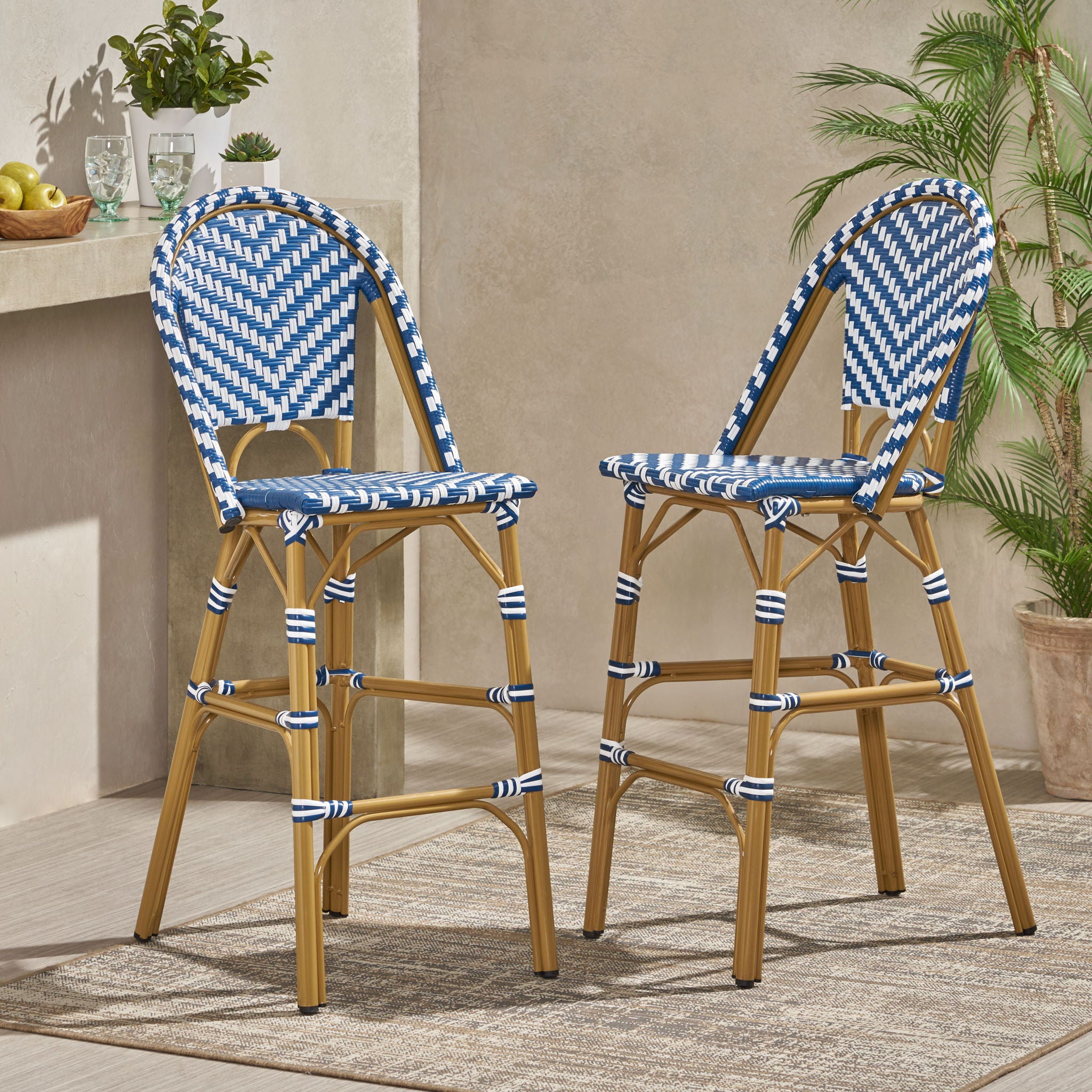 Outdoor Rattan French Barstool Set,, Bamboo, Seat Height - Navy Blue / White