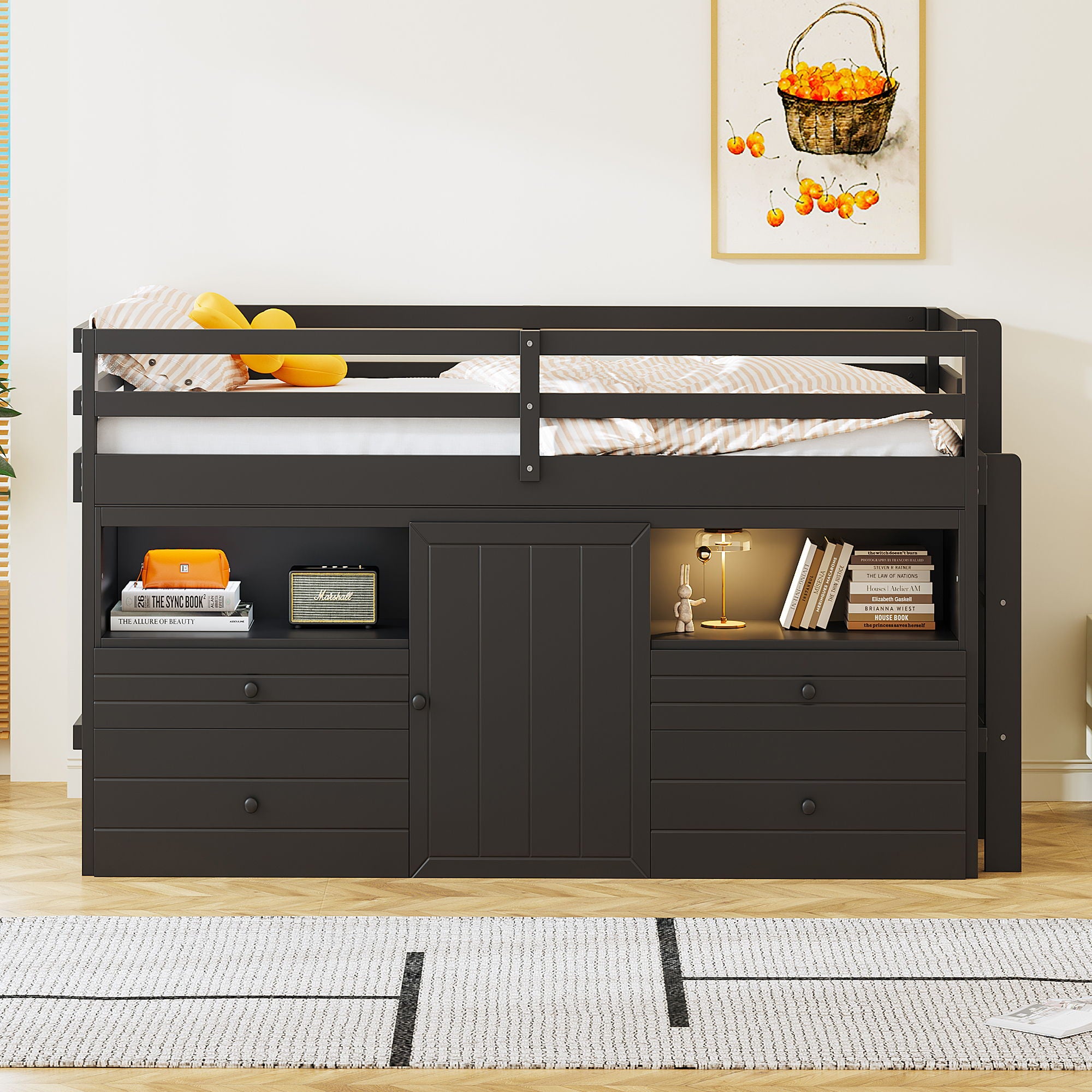 Loft Bed With 4 Drawers, Underneath Cabinet And Shelves