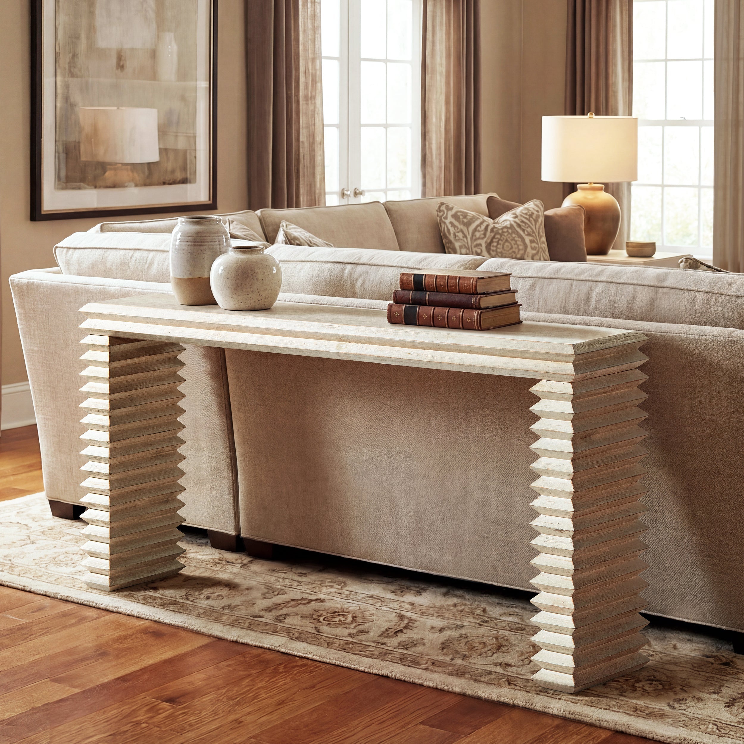 Veda 63' Reclaimed Wood Stacked Geometric Waterfall Console Table, Whitewashed Natural Reclaimed Pine Wood