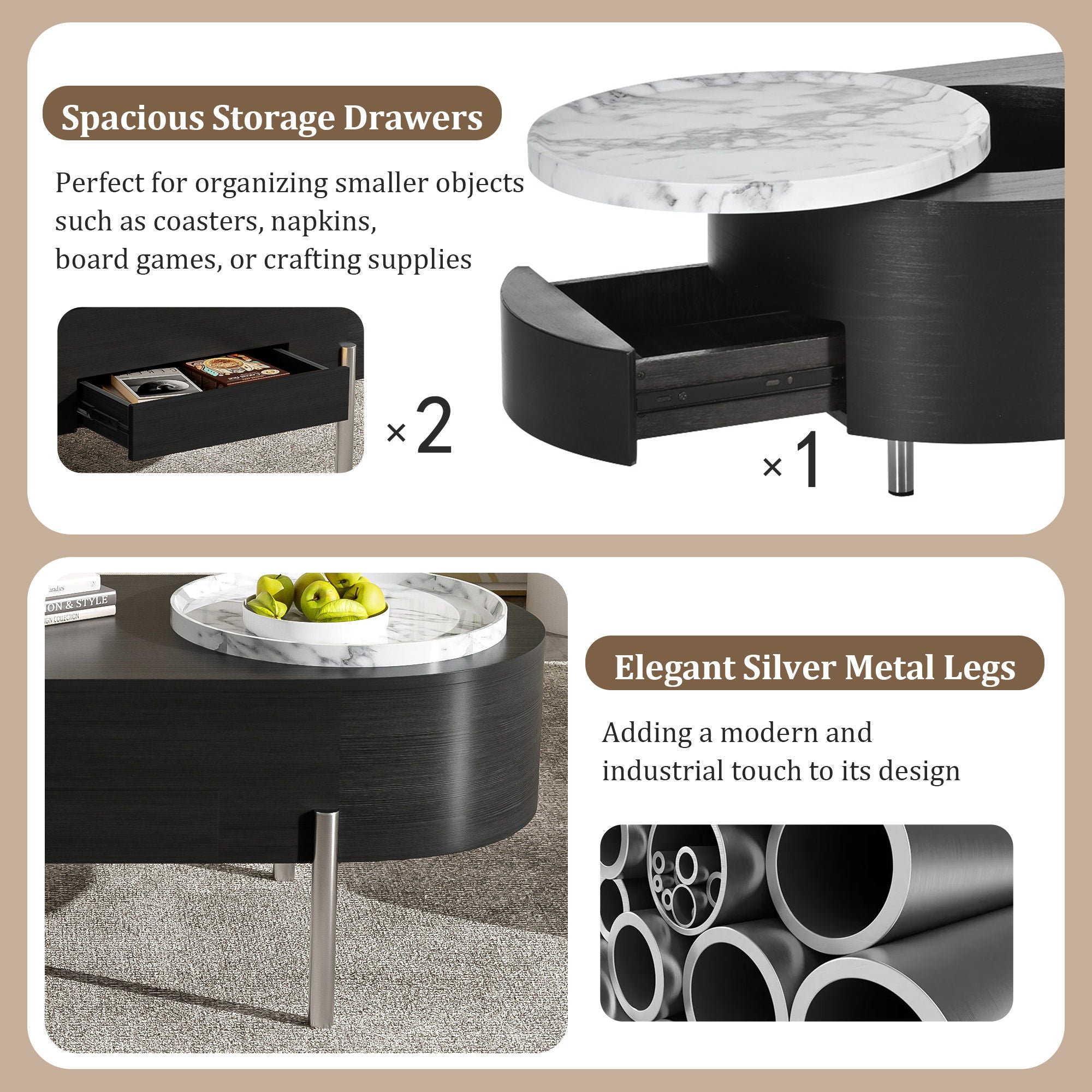 Lift Top Coffee Table With 360 Degree Marble Patterned Rotating Tray