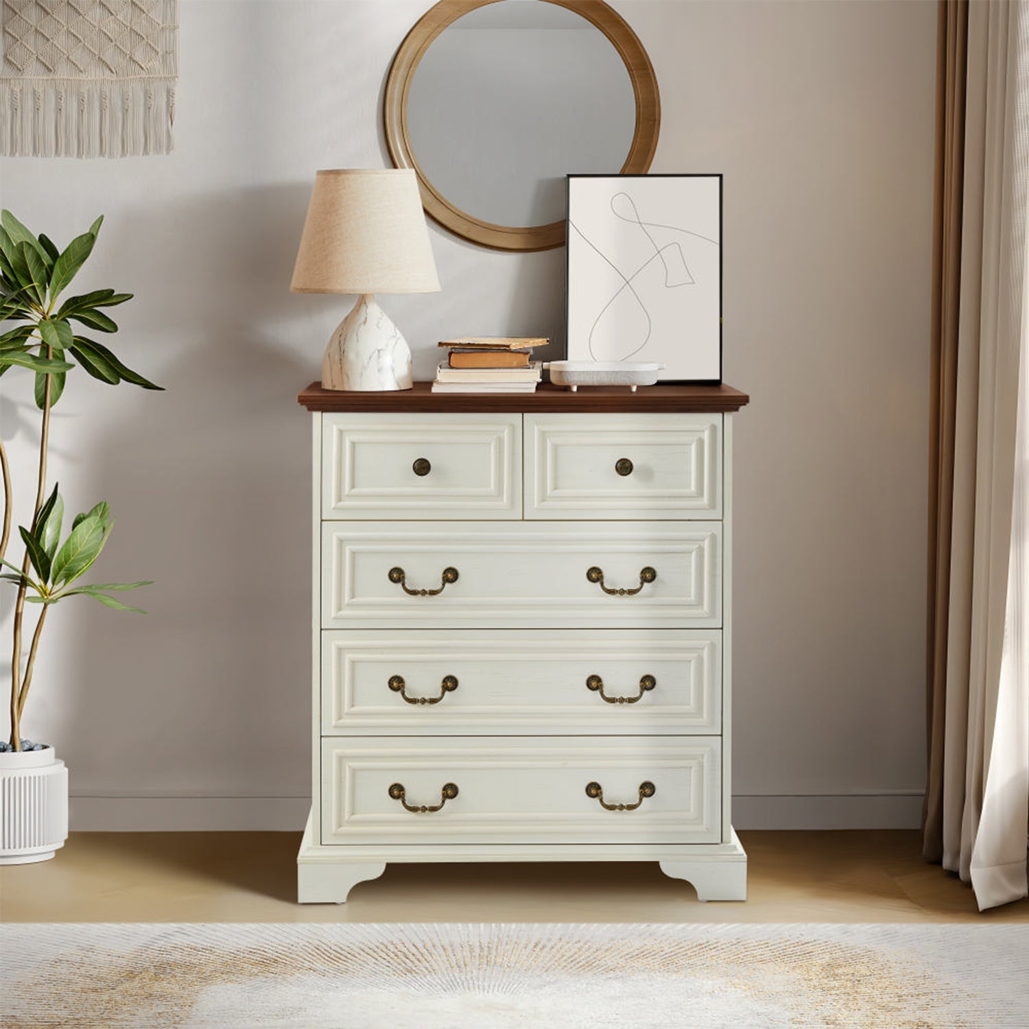 Antique-Brown-&-White-5-Drawer-Vintage-Dresser-–-Farmhouse-&-Modern-Design-Dressers