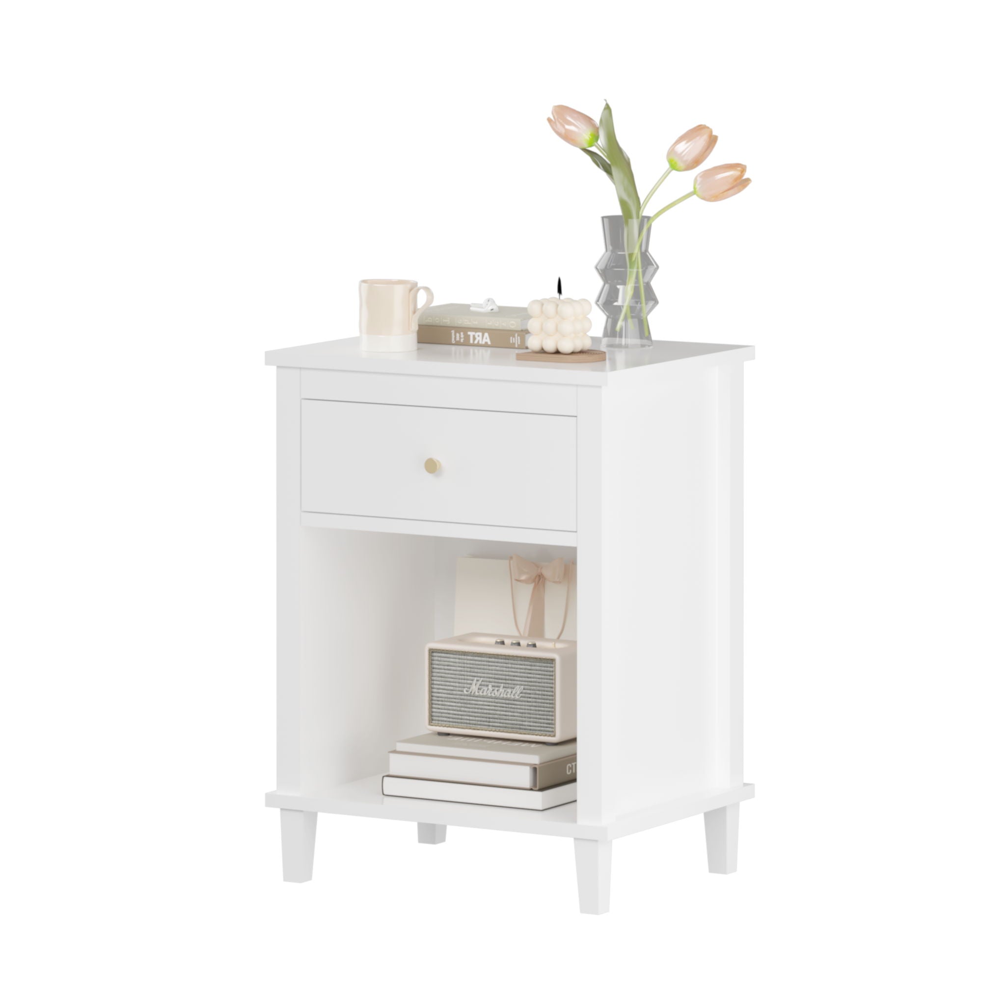 Nightstand & 1 Drawer And 1 Shelf - White