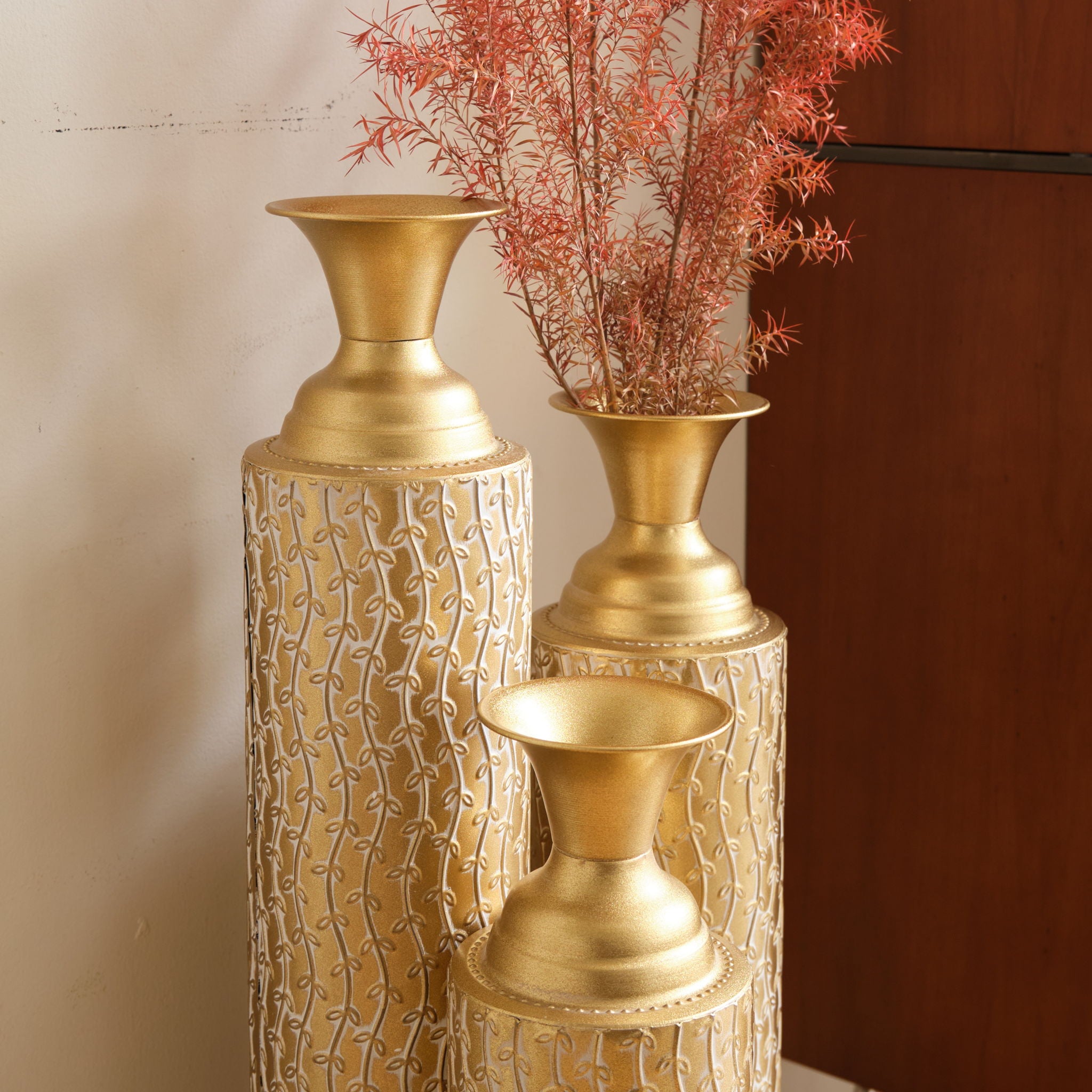 Metal Decorative Vases High Distress Metal Center Vases With Growing Vine Patterns, (Set of 3) Vases For Home Decoration - Gold - Best Buy Furniture