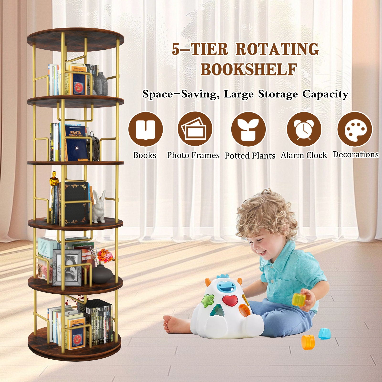 5 Tier 360 Rotating Bookshelf, Display Round Floor Standing Swivel Bookcase For Bedroom - Golden