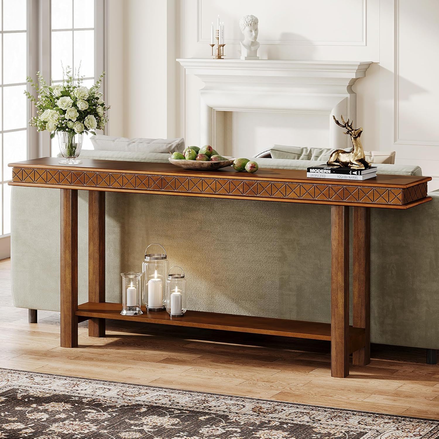 Extra Long Console Table, Sofa Table With 2 Tier Storage For Living Hallway - Rustic Brown