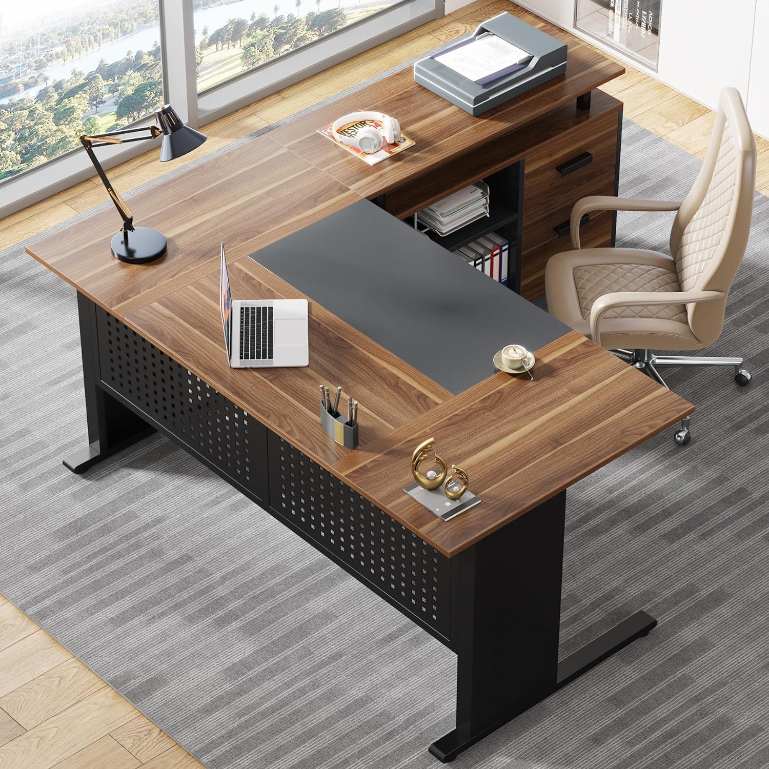 L-Shaped Executive Desk With File Cabinet , Office Workstation With Drawers, Shelves & Storage