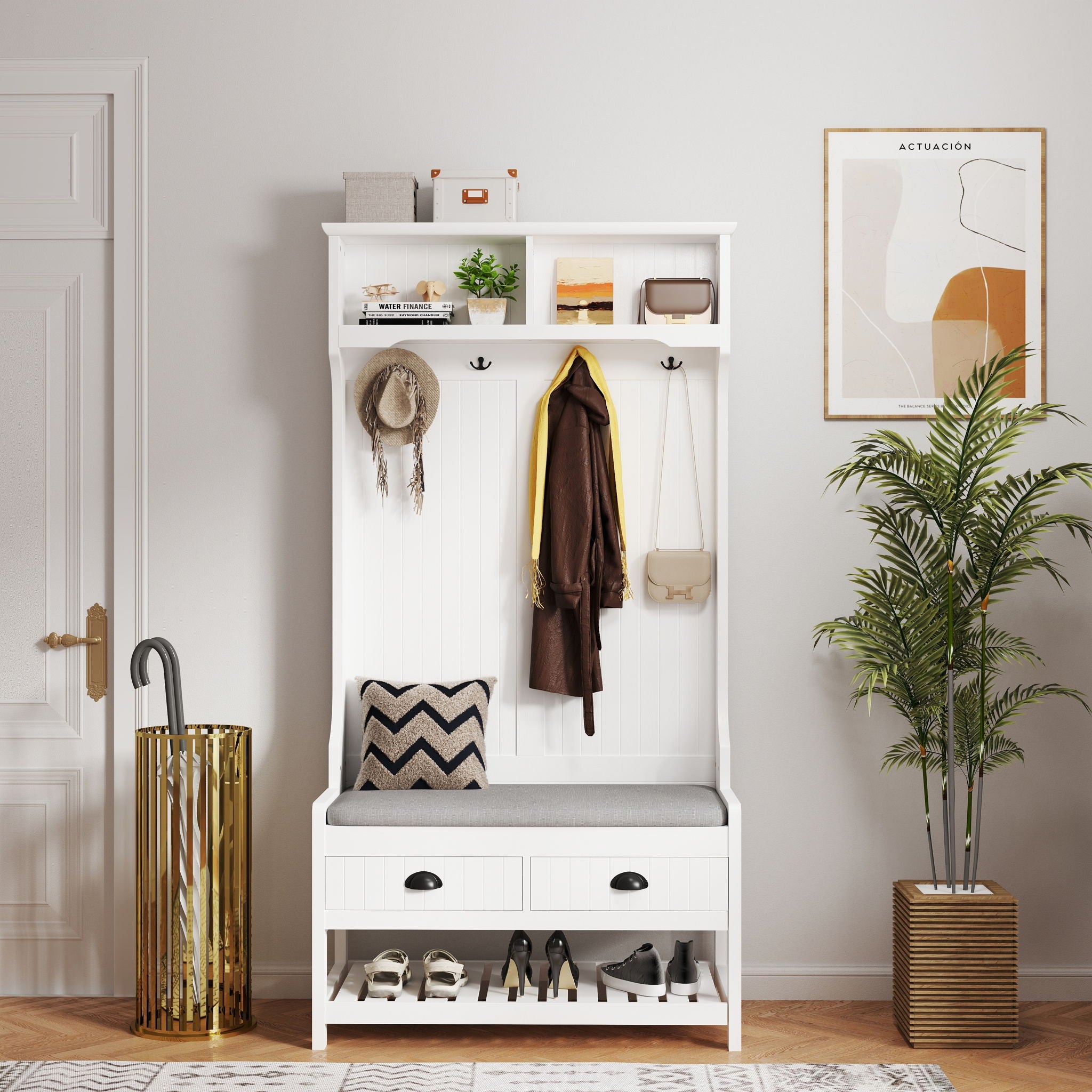 Modern 3 In 1 Hallway Hall Tree With Storage Drawers, Coat Rack, Shoe Rack Bench And Cushion