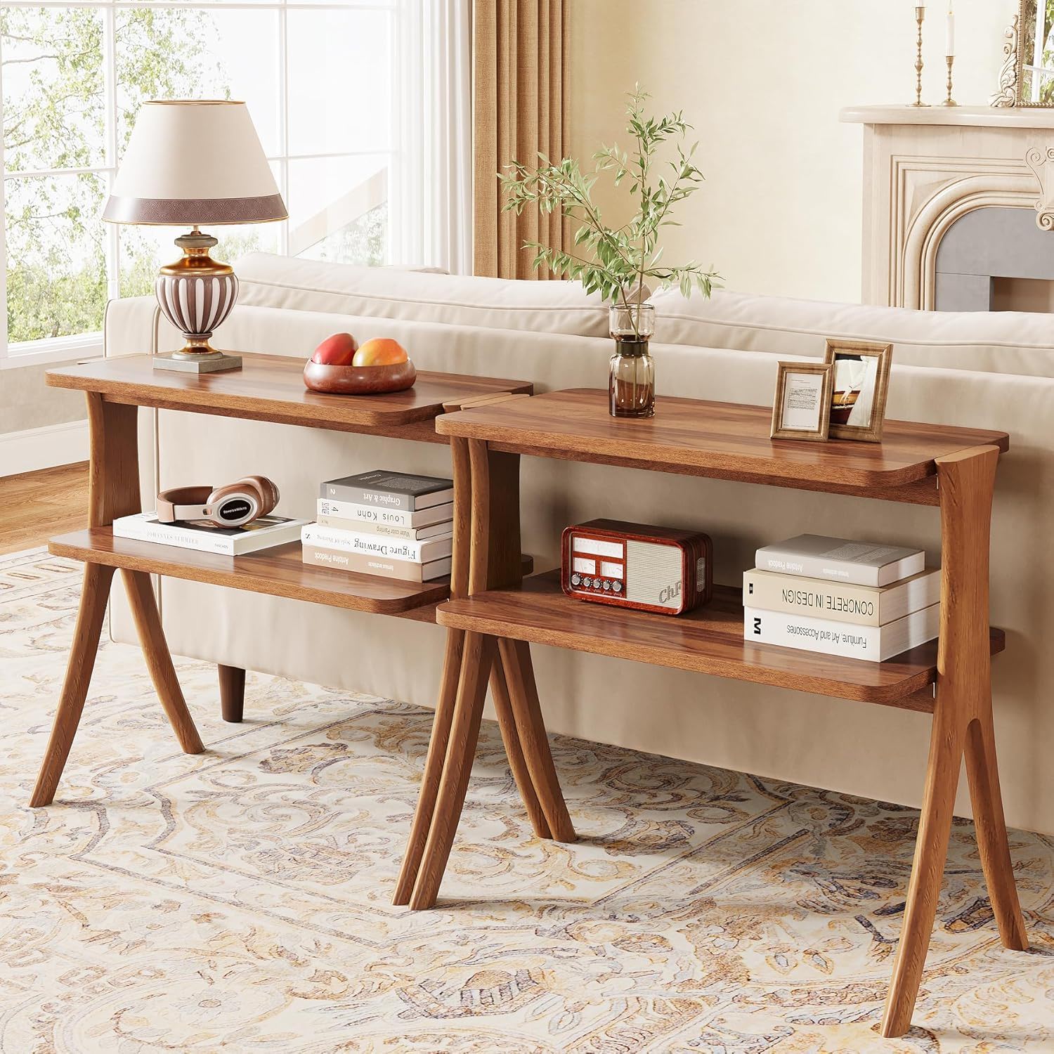 Narrow 2 Tier Side Slim Accent Table For Living Bedroom Or Entryway, Space Saving Furniture With Storage Shelf - Walnut