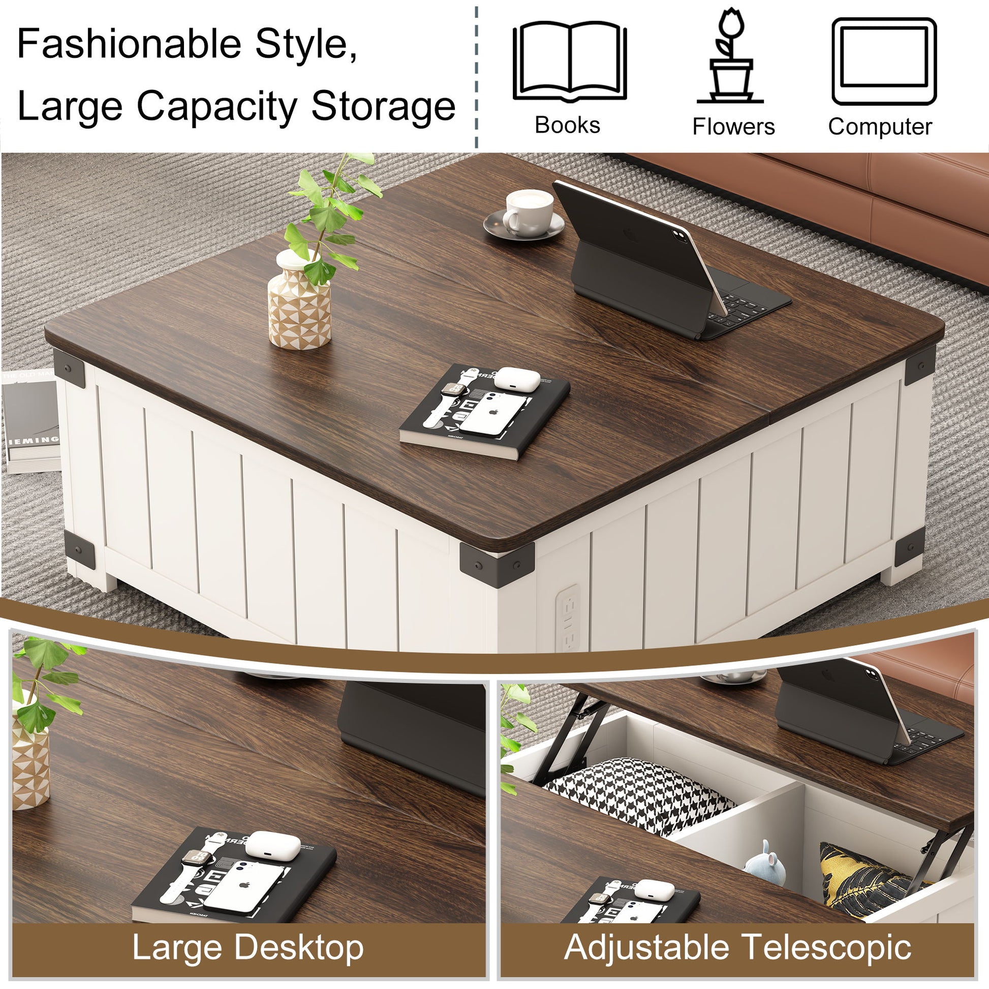 Farmhouse Style Lift Top Coffee Table With Storage And Charging Station - White Wood - Best Buy Furniture